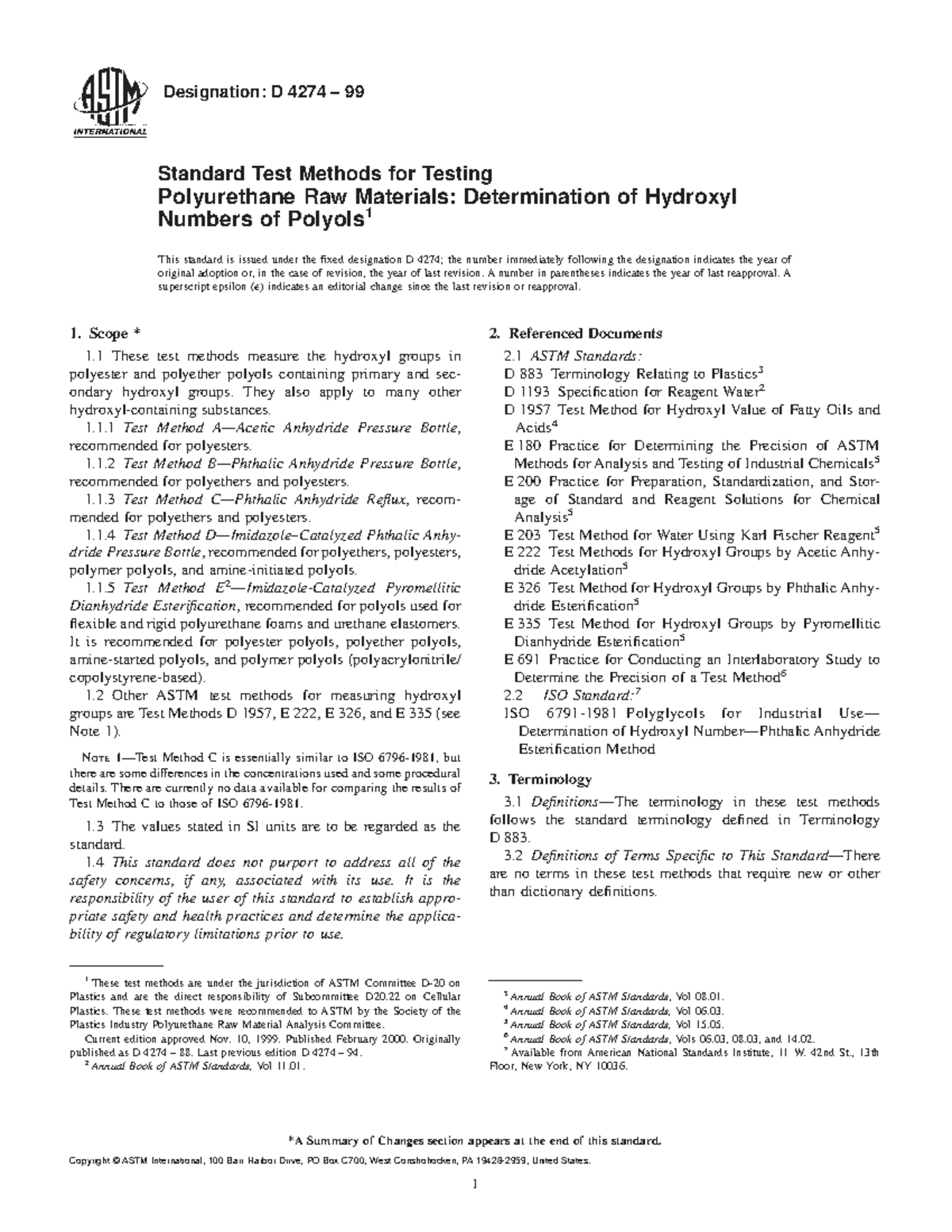 ASTM D 4274-99 Standard Test Methods for Hydroxyl Value Determination ...