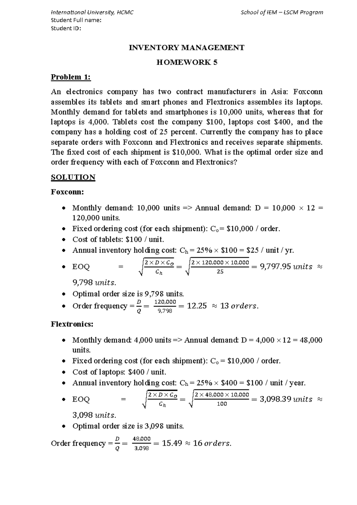 Inventory Management Homework 5 Solutions and Analysis - Studocu