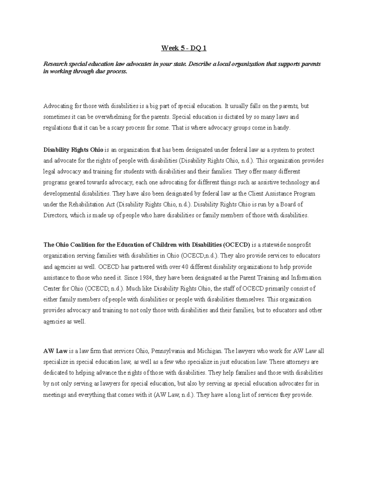 W5 Discussion Questions - Week 5 - DQ 1 Research special education law ...