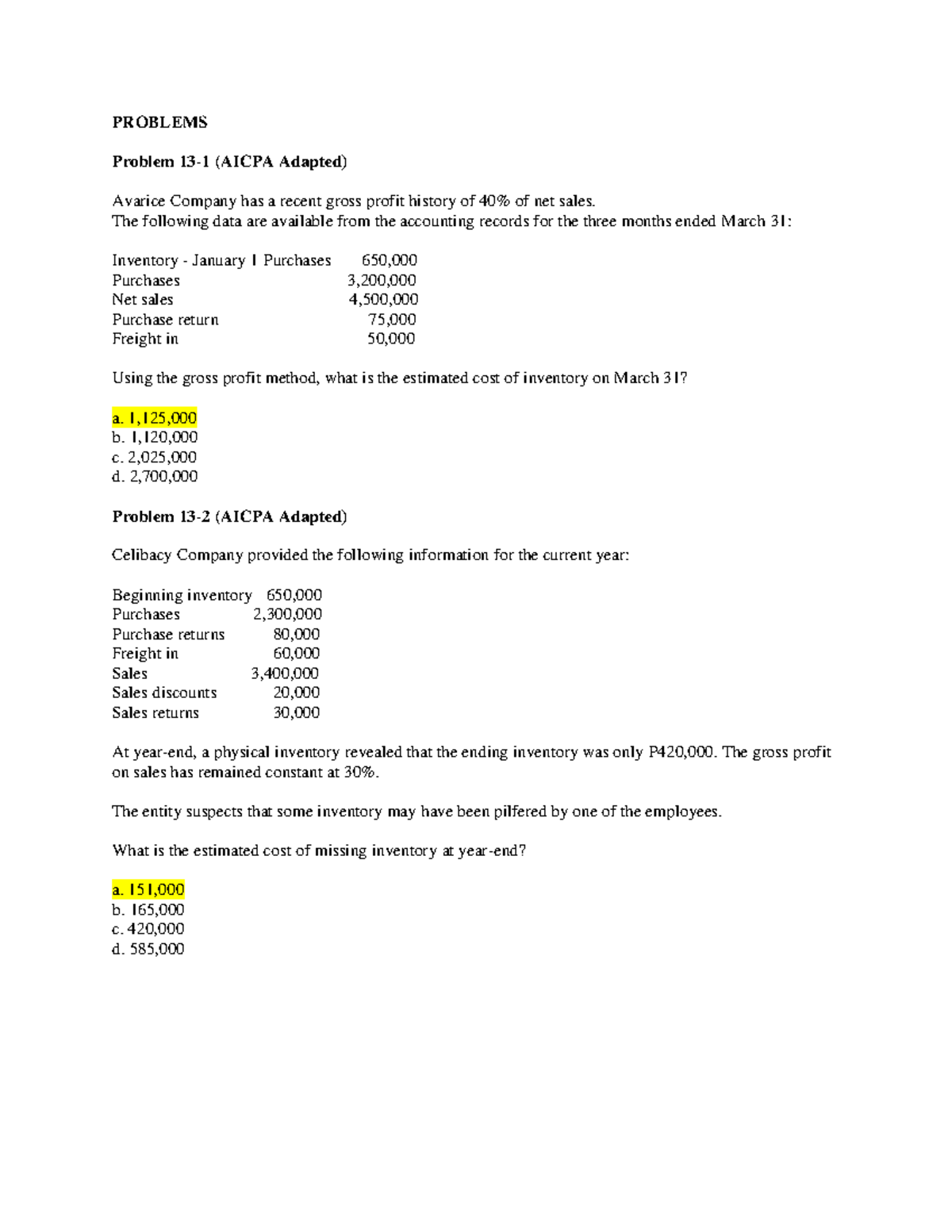 Title: AICPA Adapted Problems: Gross Profit Method for Inventory ...
