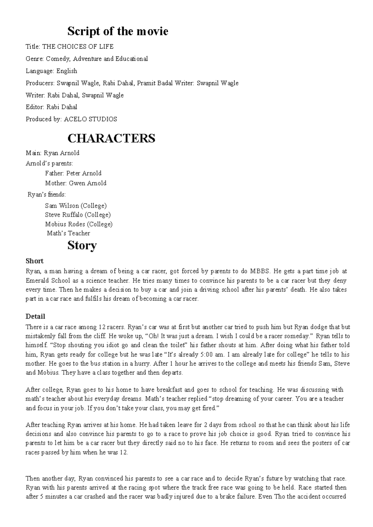 THE CHOICES OF LIFE Movie Script Analysis and Summary - Studocu
