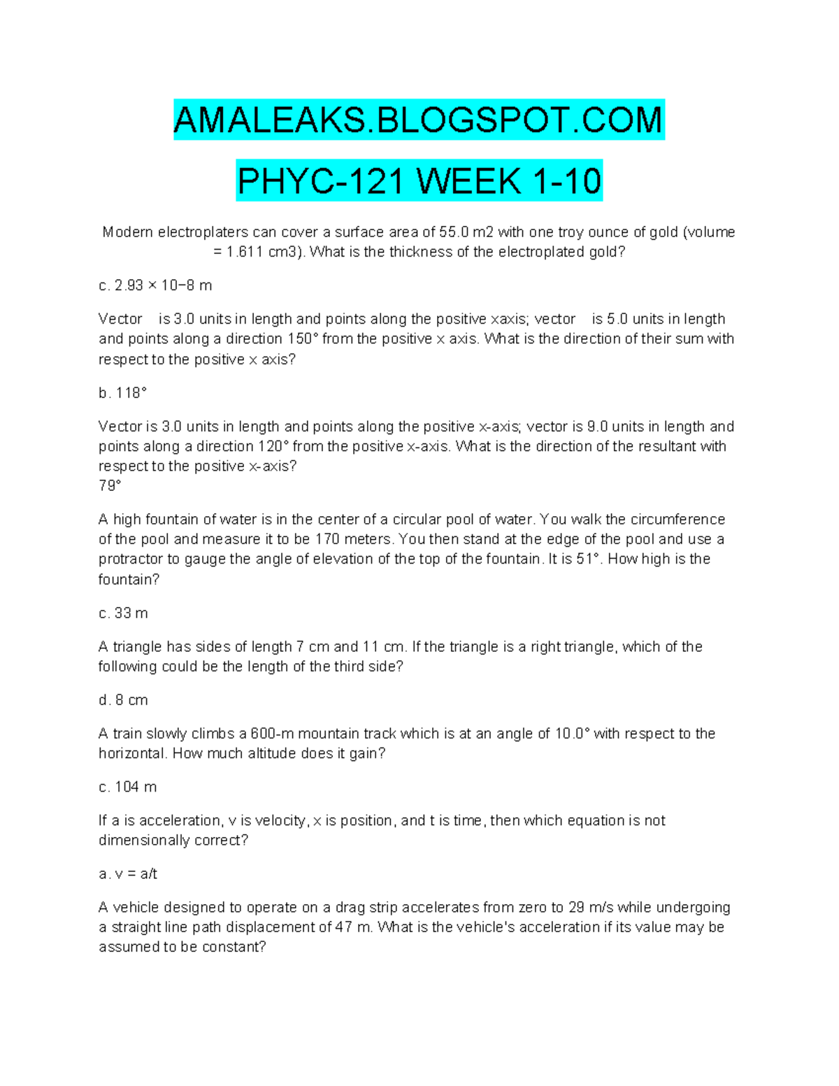 AMA 101: Physics Concepts and Problem Solving Techniques - Studocu