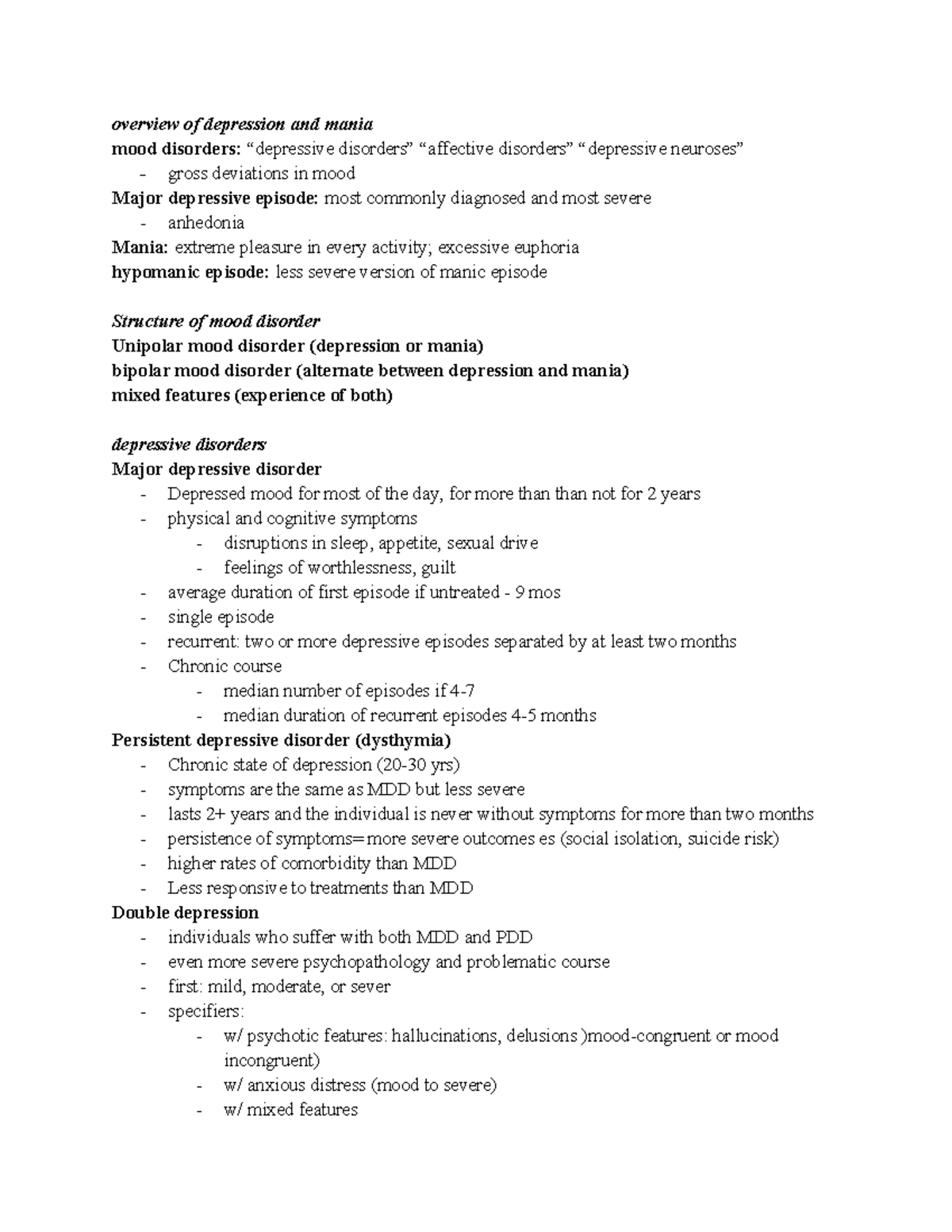 2AP3 Week 7 Notes: Overview of Mood Disorders - Depression & Mania ...