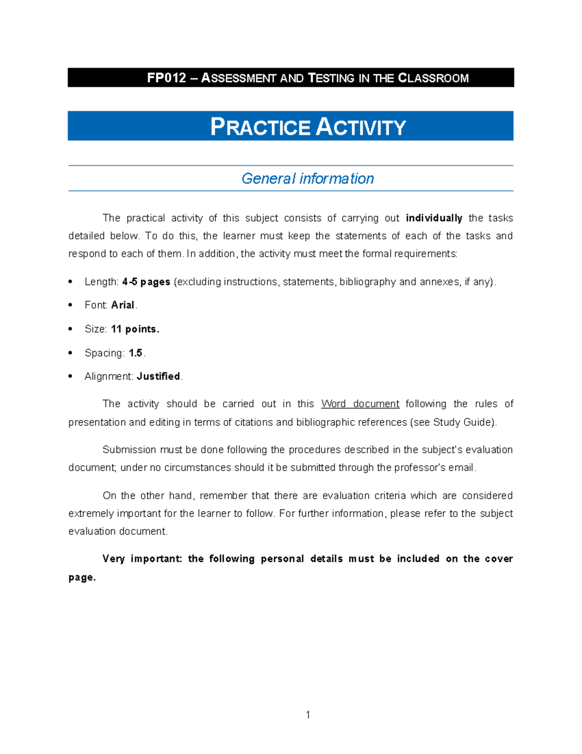 FP012 ASSESSMENT AND TESTING IN CLASSROOM PRACTICE ACTIVITY - Studocu