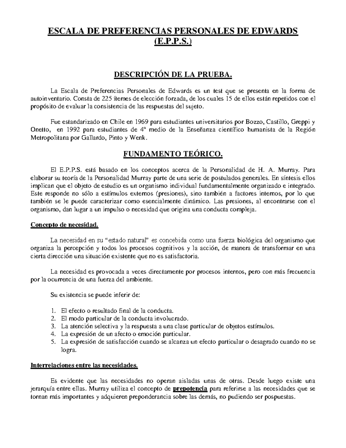 Escala de Preferencias Personales de Edwards (E.P.P.S.) - Studocu
