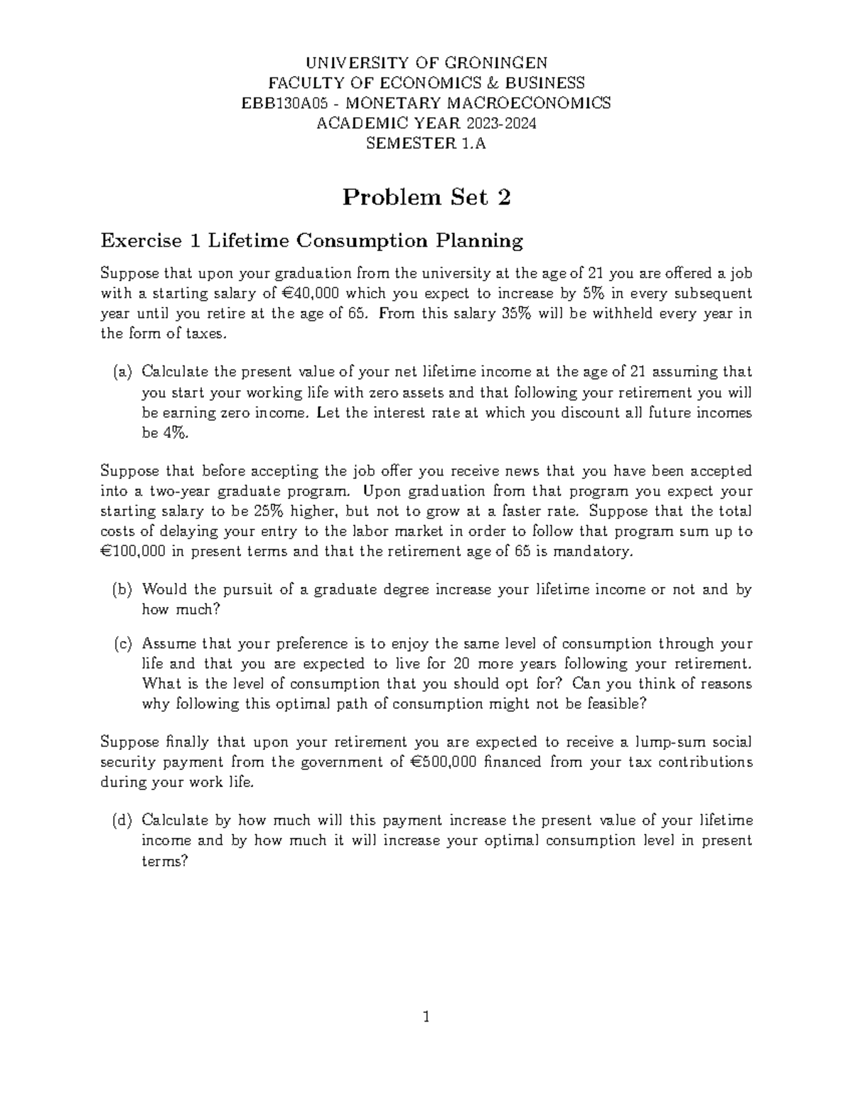 EBB130A05 - Monetary Macroeconomics Problem Set 2 Solutions - Studeersnel
