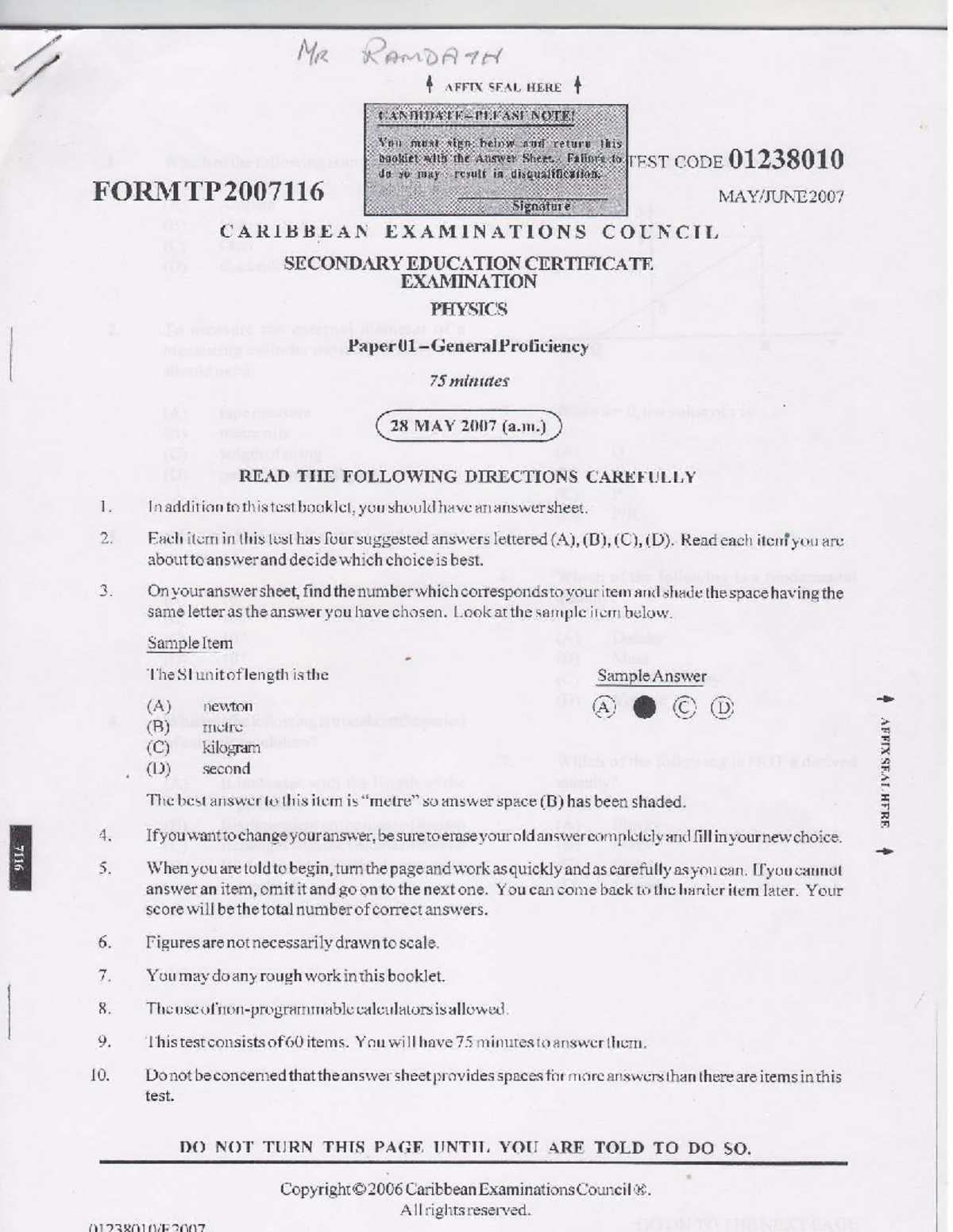 June 2007 Physics Paper 01 - General Proficiency Test Code 01238010 ...