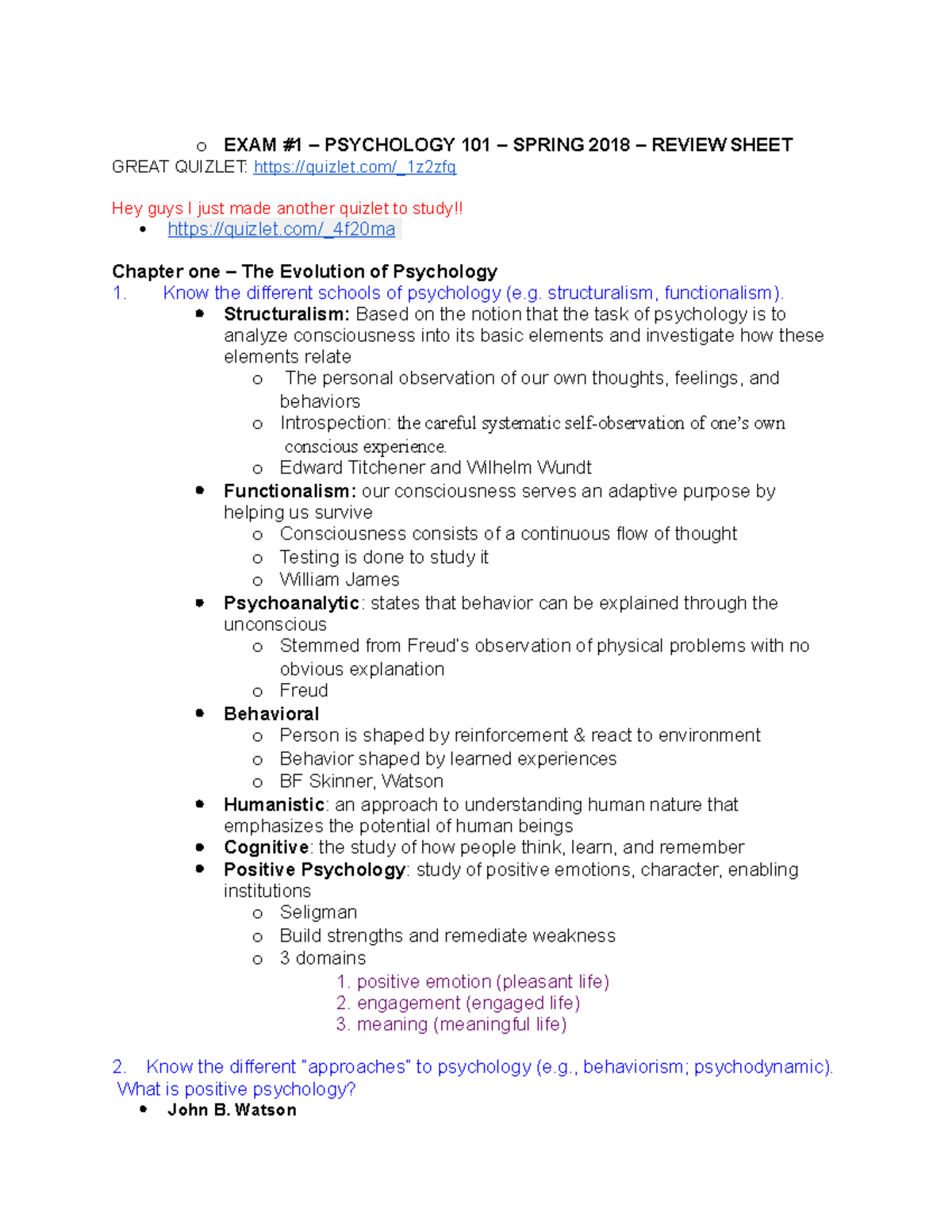 Exam 1 Study Guide: Psychology 101 Overview and Key Concepts - Studocu