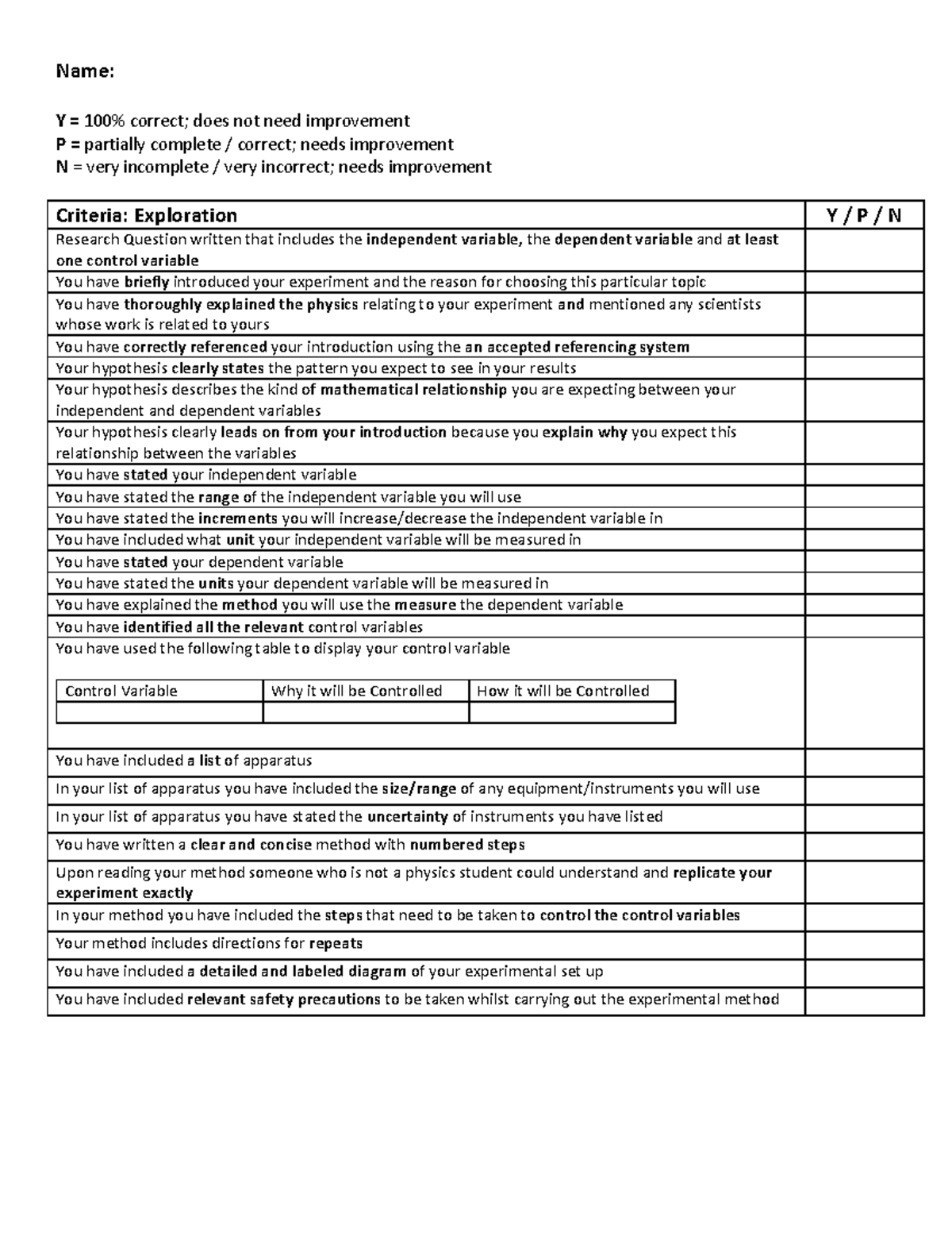 Exploration checklist - Name: Y = 100% correct; does not need ...