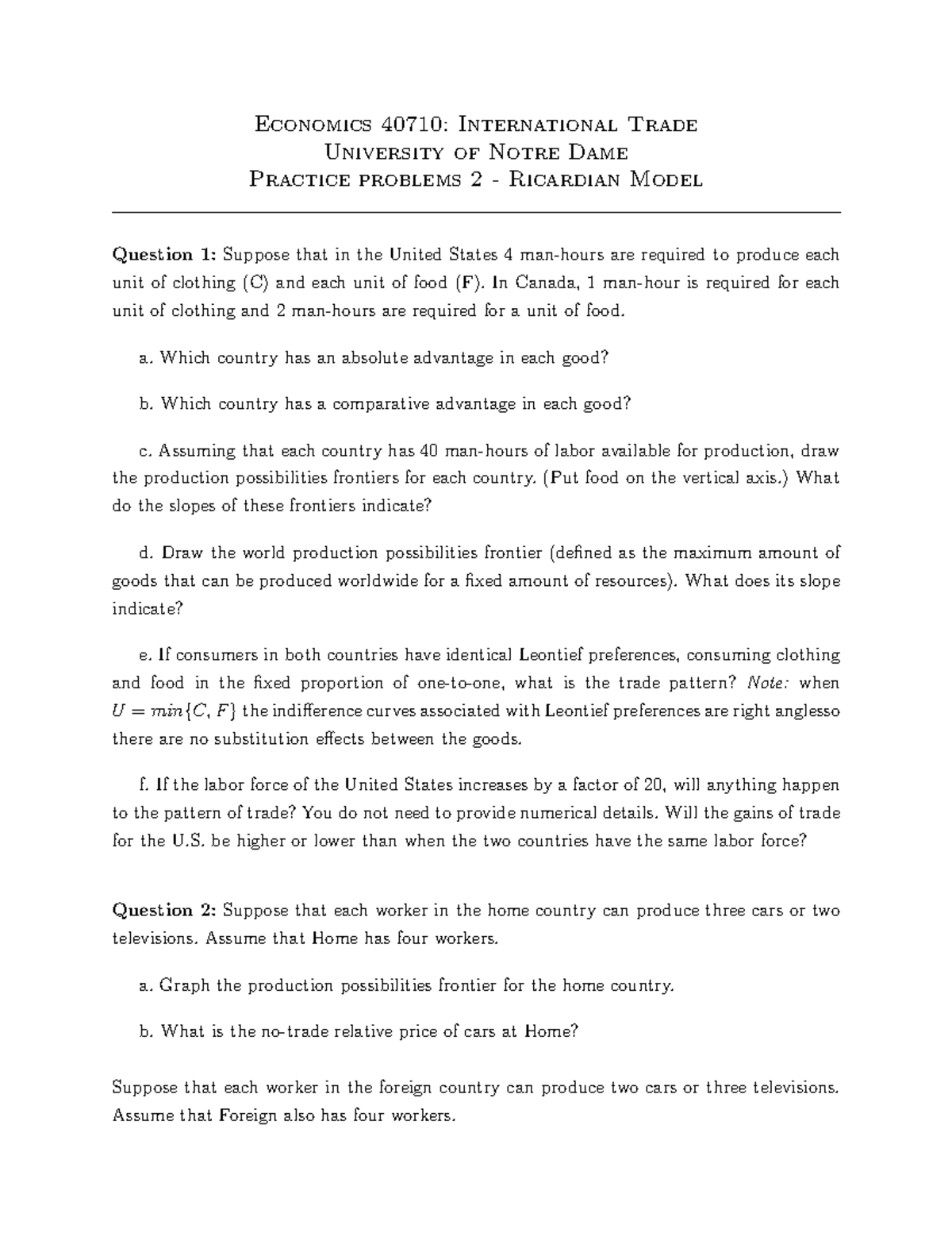 Economics 40710: Problem Set 2 - Ricardian Model Questions and ...