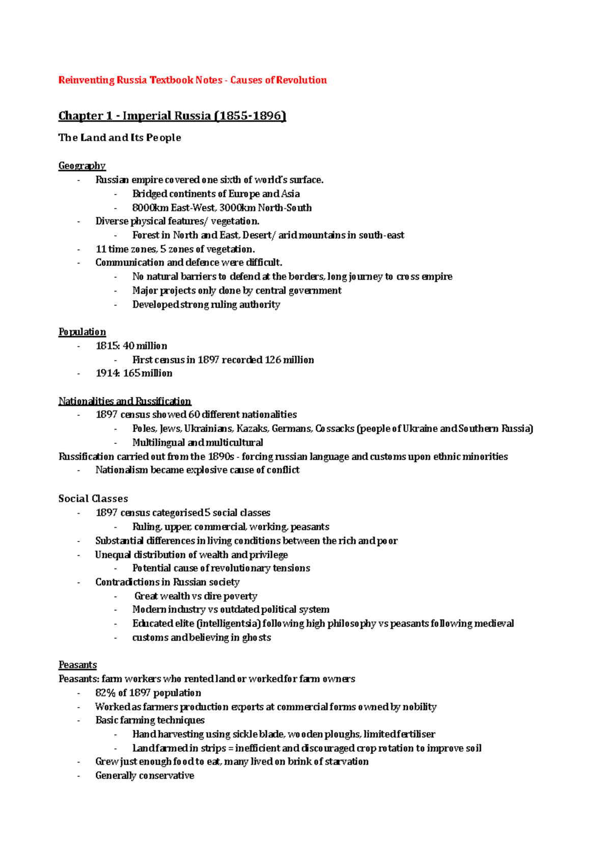 Russia - Causes of Revolution: Textbook Notes for Chapter 1 - Studocu