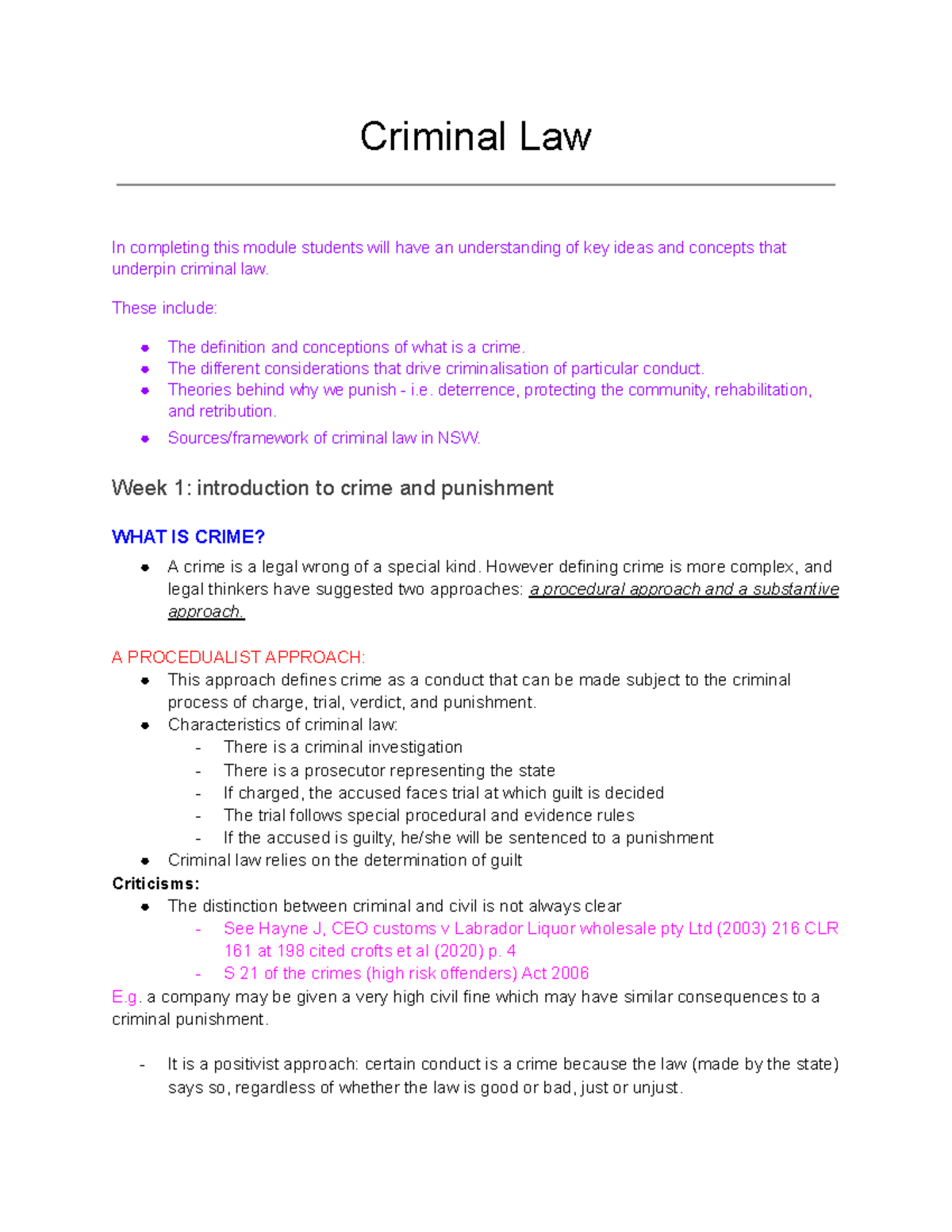 Criminal Law (CRIM101): Key Concepts and Theories up to Week 5 - Studocu