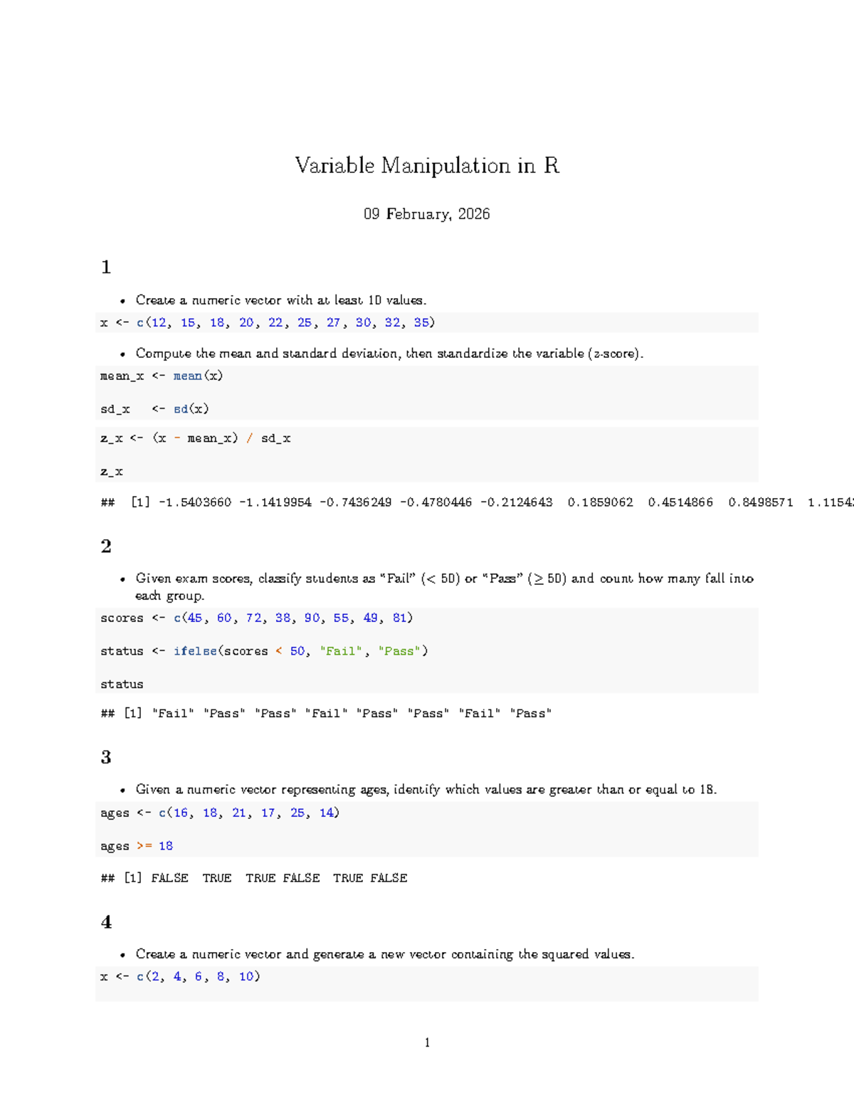 R Exercises: Variable Manipulation Techniques and Examples - Studocu