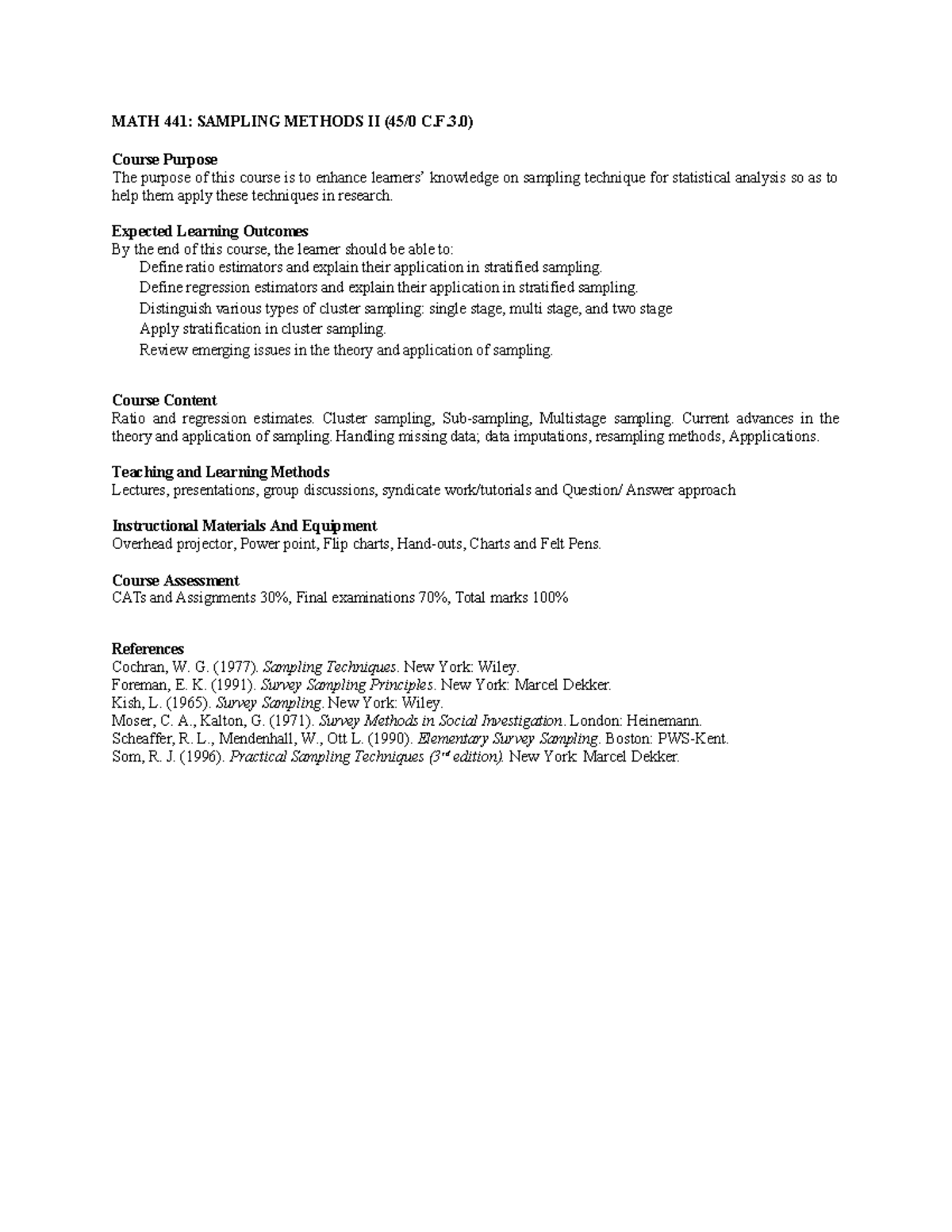 MATH 441: Sampling Methods II Course Outcomes and Overview - Studocu