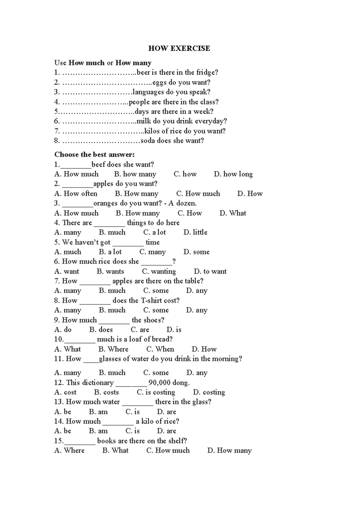 546779915 BAI TẬP HOW MANY HOW MUCH HOW Often HOW LONG - HOW EXERCISE ...