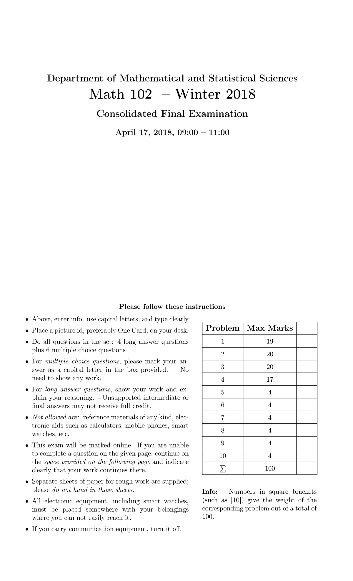 MATH 102 Winter 2018 Final Exam Solutions and Instructions - Studocu