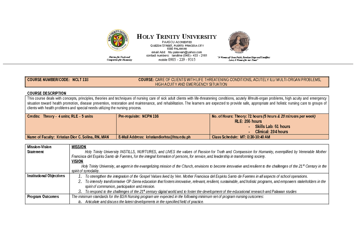 NCLT 118 Syllabus: Care of Clients with Life-Threatening Conditions ...