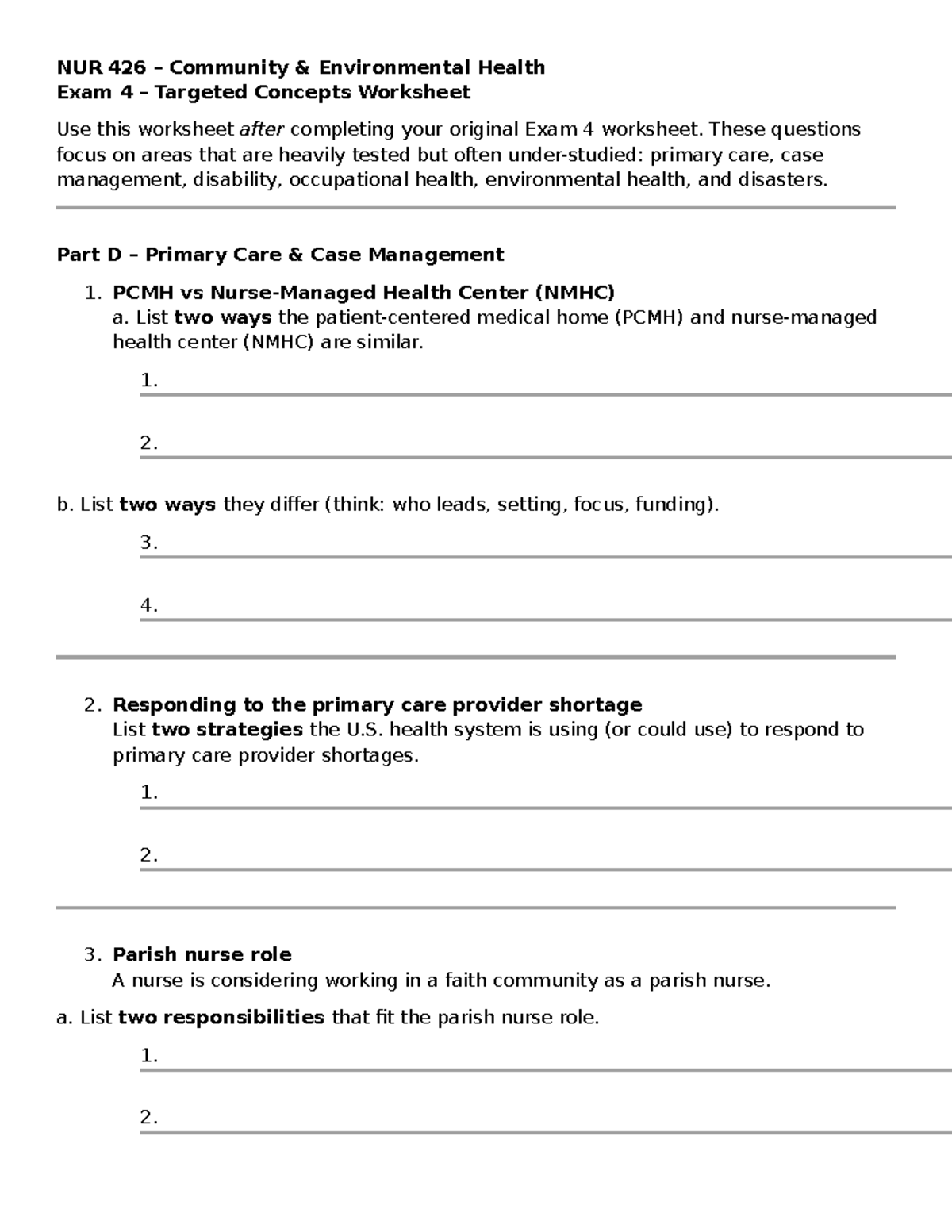 NUR 426 Community Environmental Health Exam 4 Targeted Concepts Guide ...