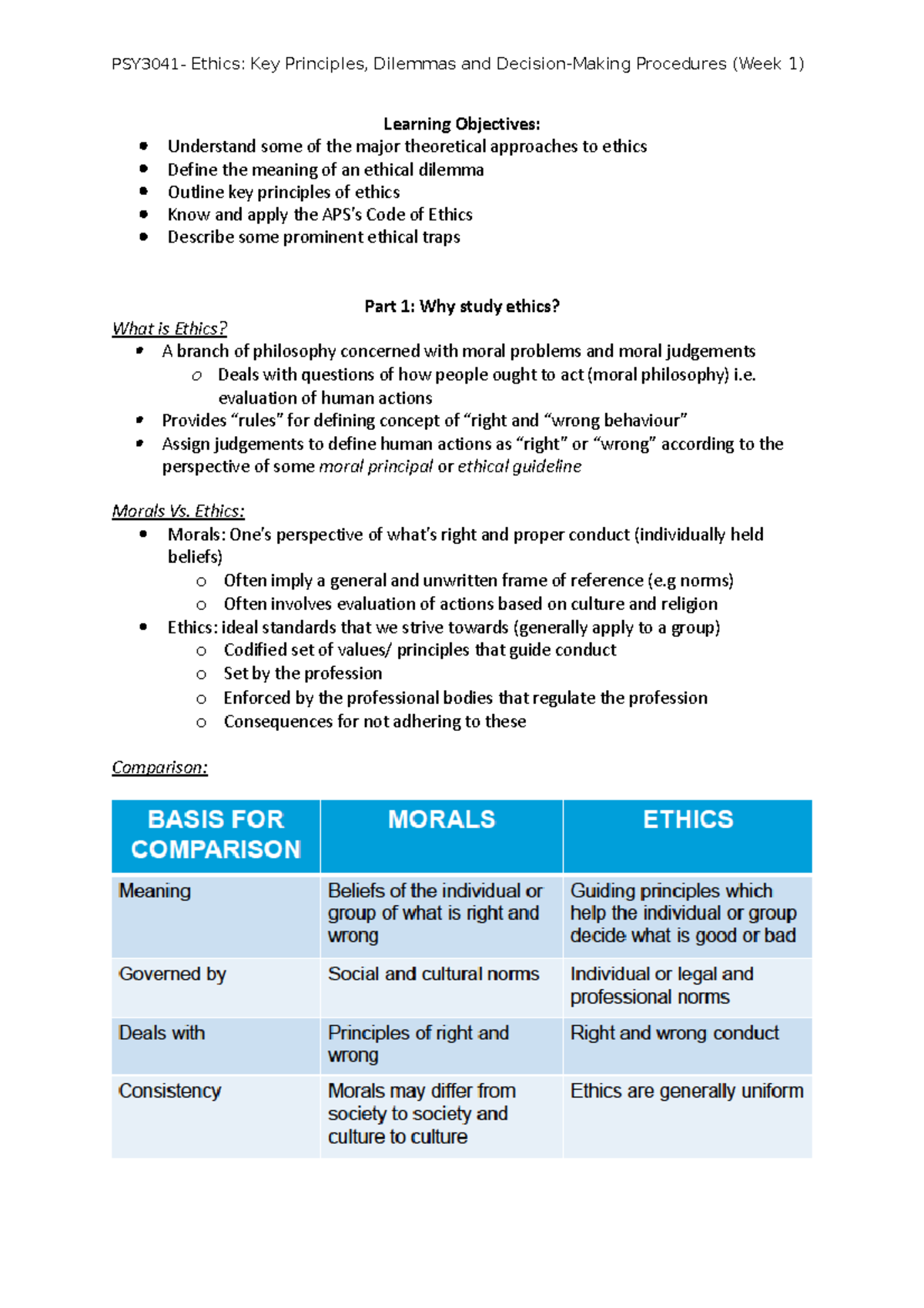 Ethics in Psychology: Week 1 Lecture Notes (PSY-101) - Studocu