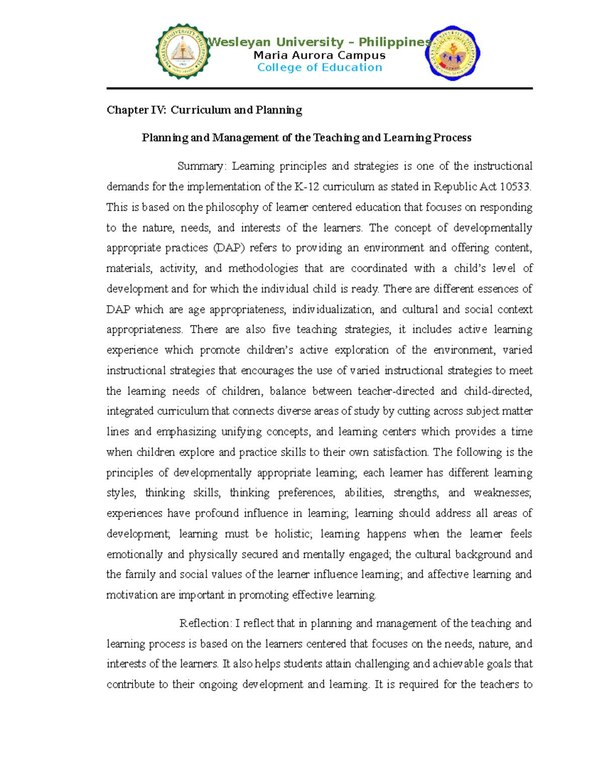 Chapter 4 - Essay - Maria Aurora Campus College of Education Chapter IV ...