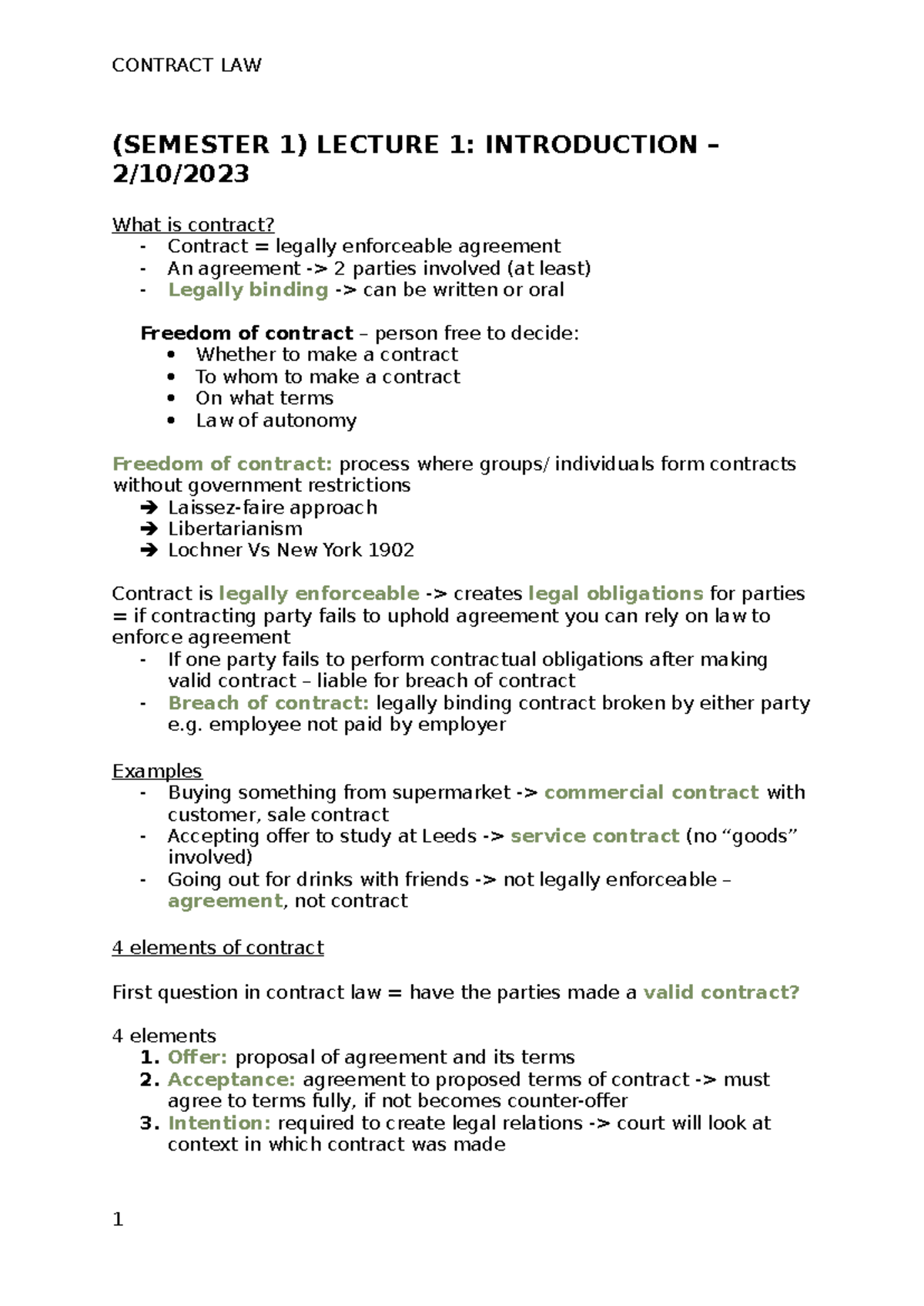 CONTRACT LAW (SEM 1) LECTURE 1: INTRO TO CONTRACTS AND ELEMENTS - Studocu