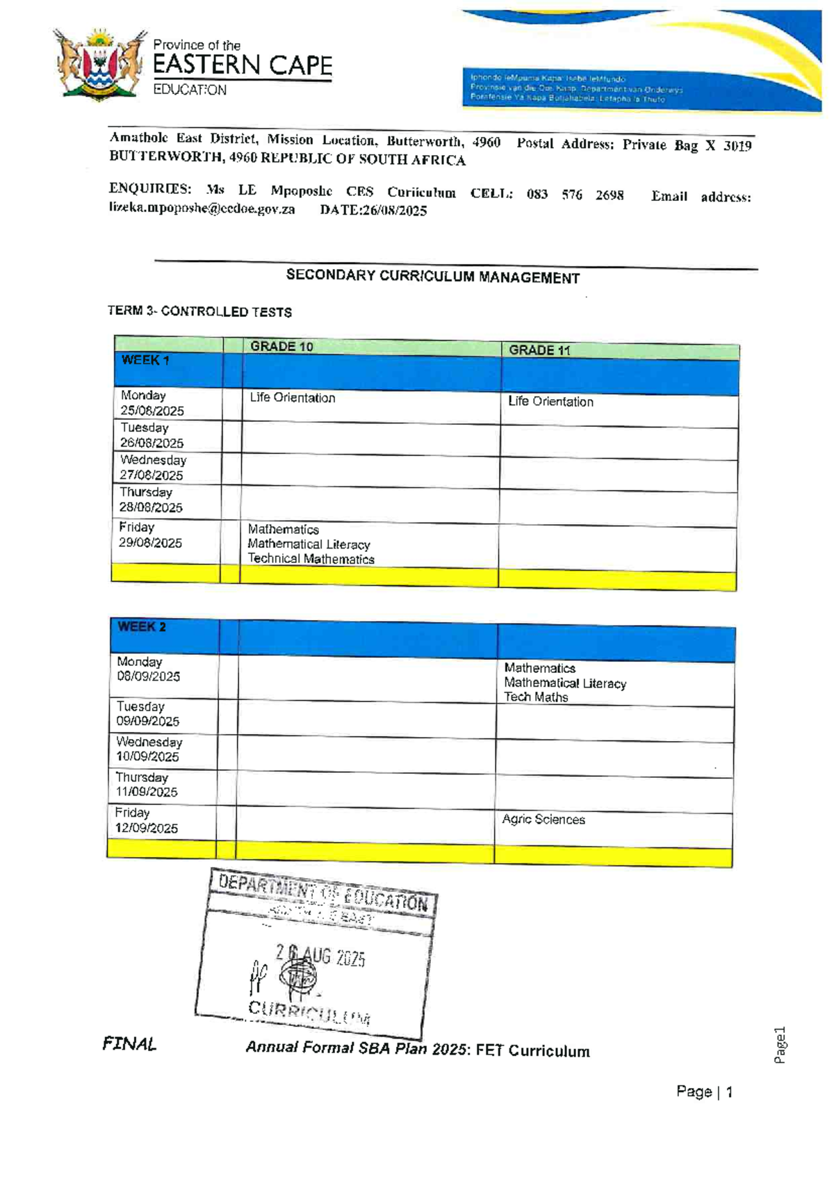 FET GR 10-11 TERM 3 Controlled Test Schedule 2025 - Studocu