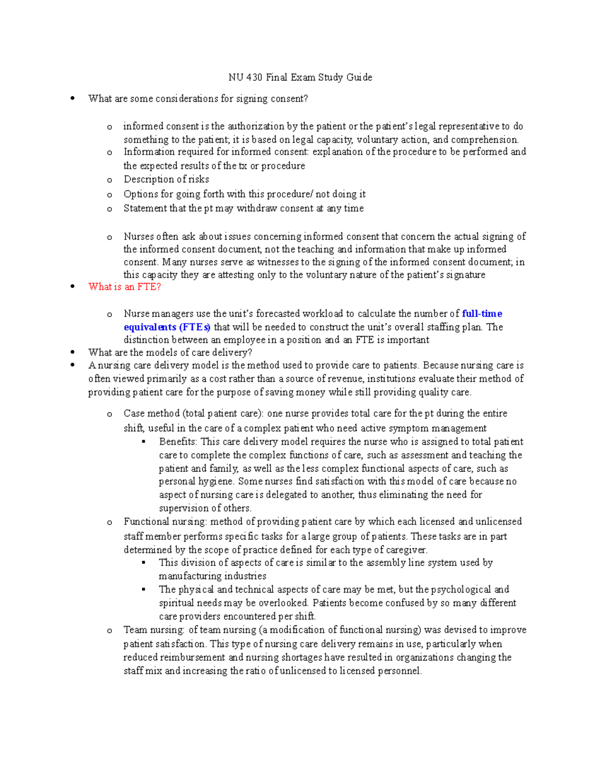 NU 430 Final Exam Study Guide: Key Concepts and Models of Care - Studocu