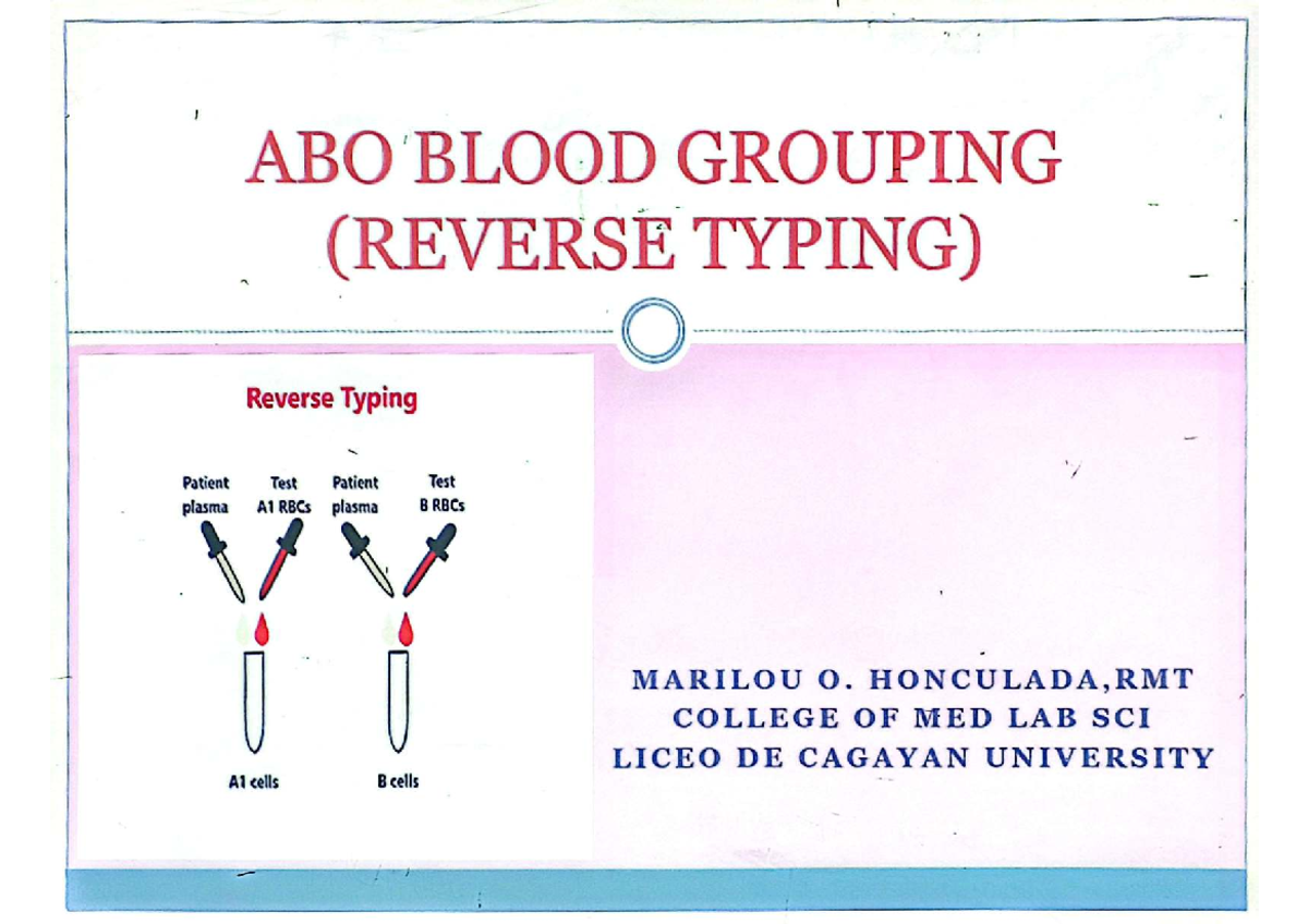 ABO Reverse Typing Bb Lab Midterm Study Guide - Studocu