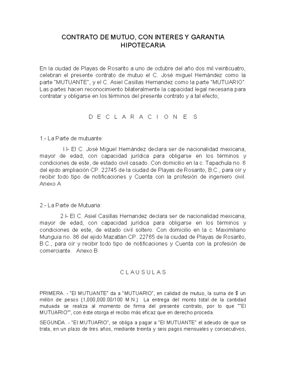 Contrato de Mutuo con Interés y Garantía - Playas de Rosarito 2024 ...