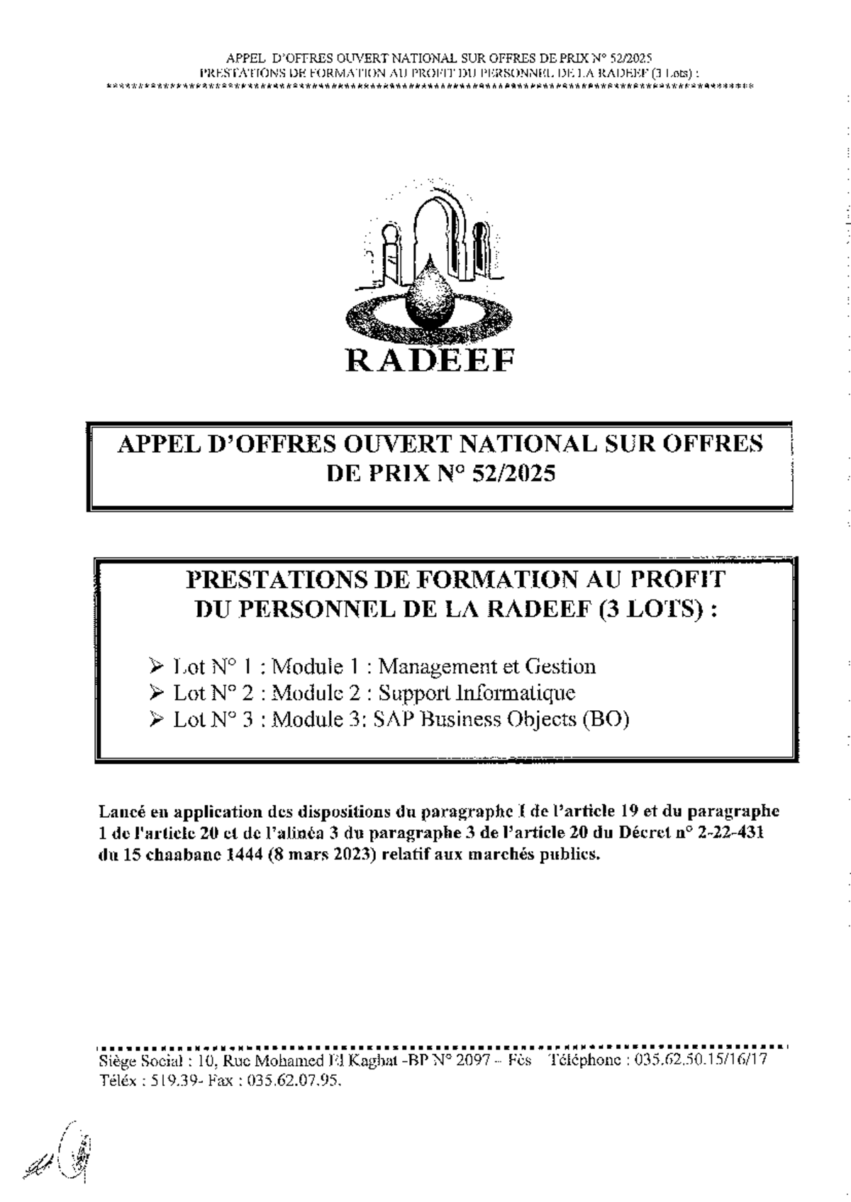 AO N° 52-2025 RC : Appel Ouvert National pour Formation du Personnel ...