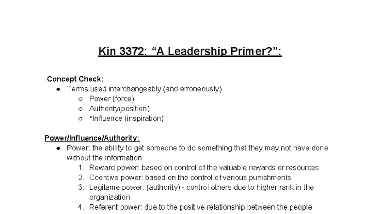 Kin 3372: Leadership Concepts and Theories Overview - Studocu