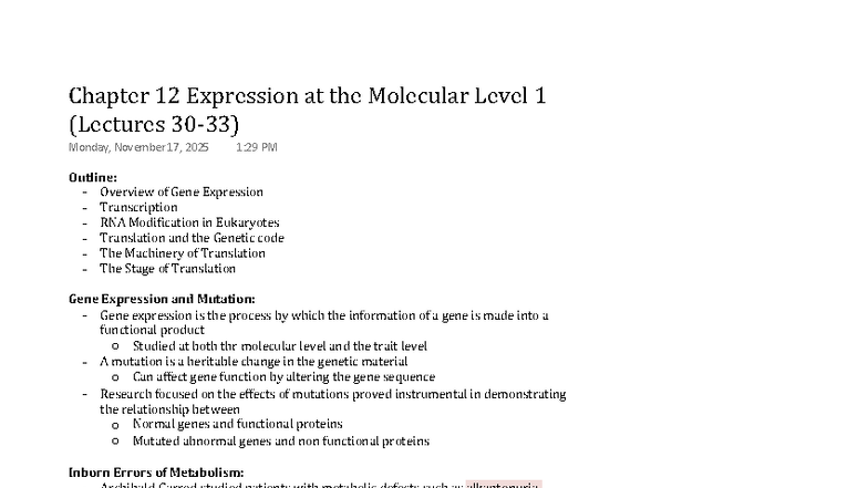 Final Exam Notes on Gene Expression and Molecular Mechanisms (BIO101 ...