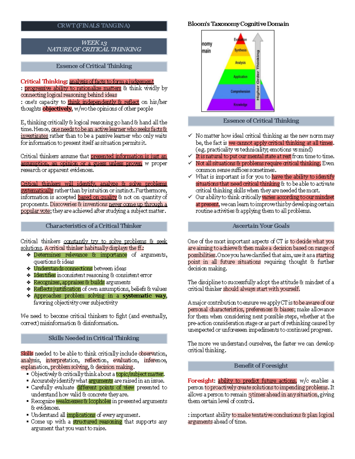CRWT (FINALS) Understanding the Nature and Skills of Critical Thinking - Document Preview