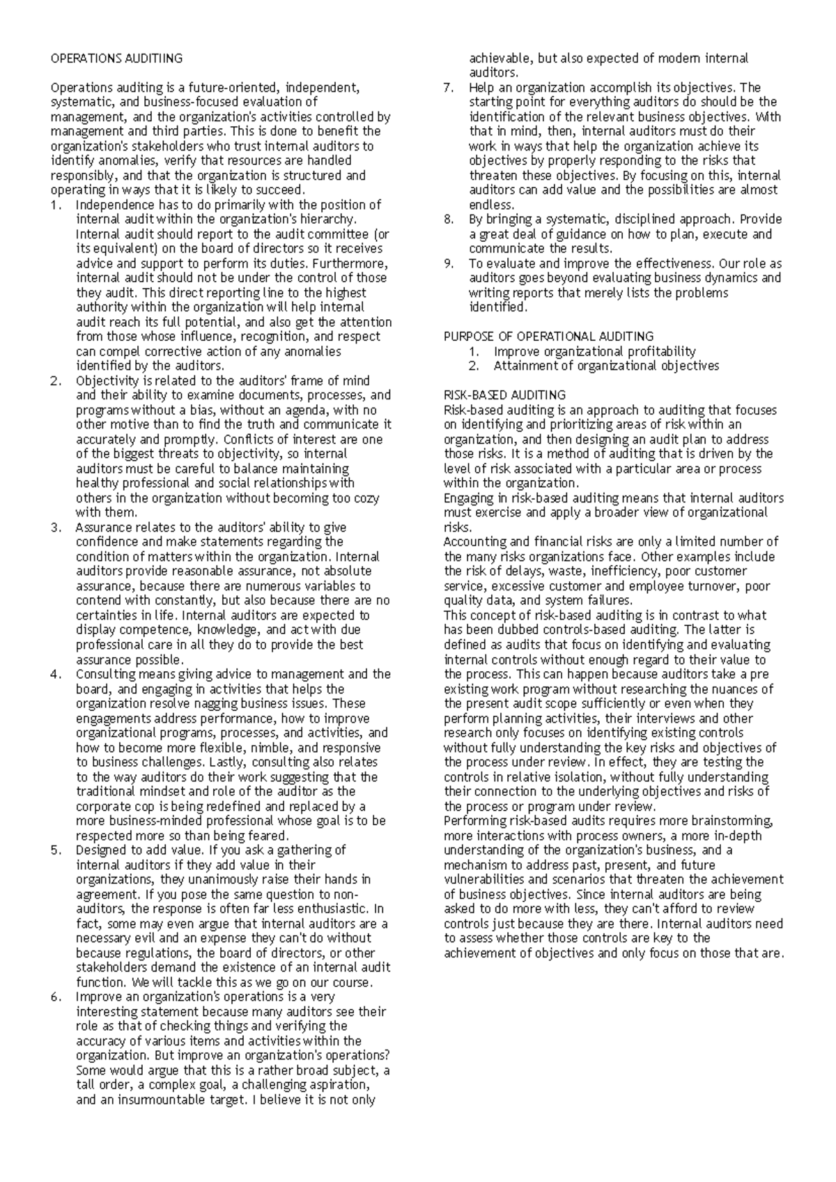 Operations Auditiing - lecture notes - OPERATIONS AUDITIING Operations ...