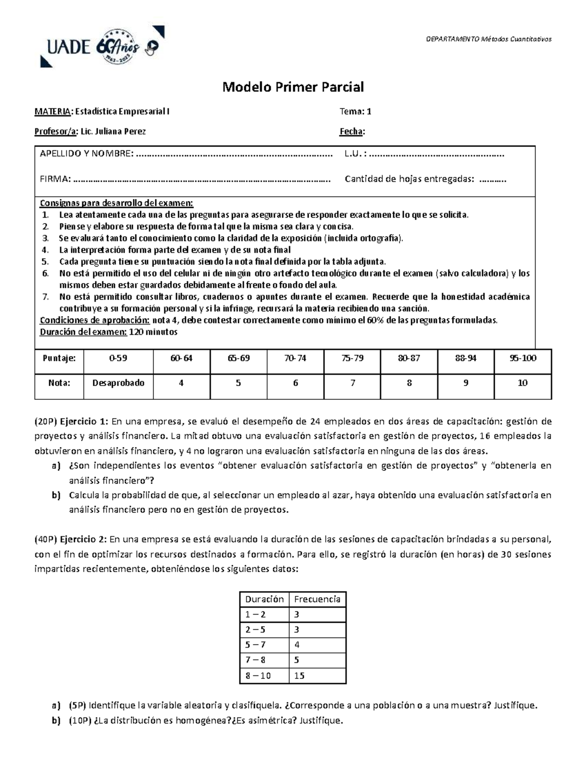 Modelo Partial Exam EE1 - 1C 2025: Estadística Empresarial I - Studocu