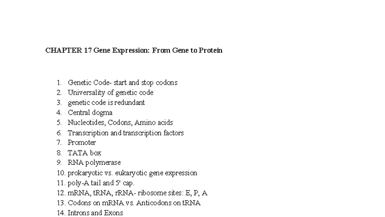 BIO101 Chapter 17 & 18: Gene Expression and Regulation Notes - Studocu