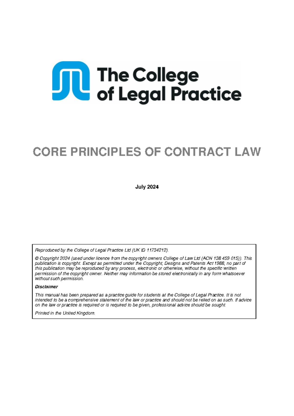CORE PRINCIPLES OF CONTRACT LAW - COLP Manual July 2024 - Studocu