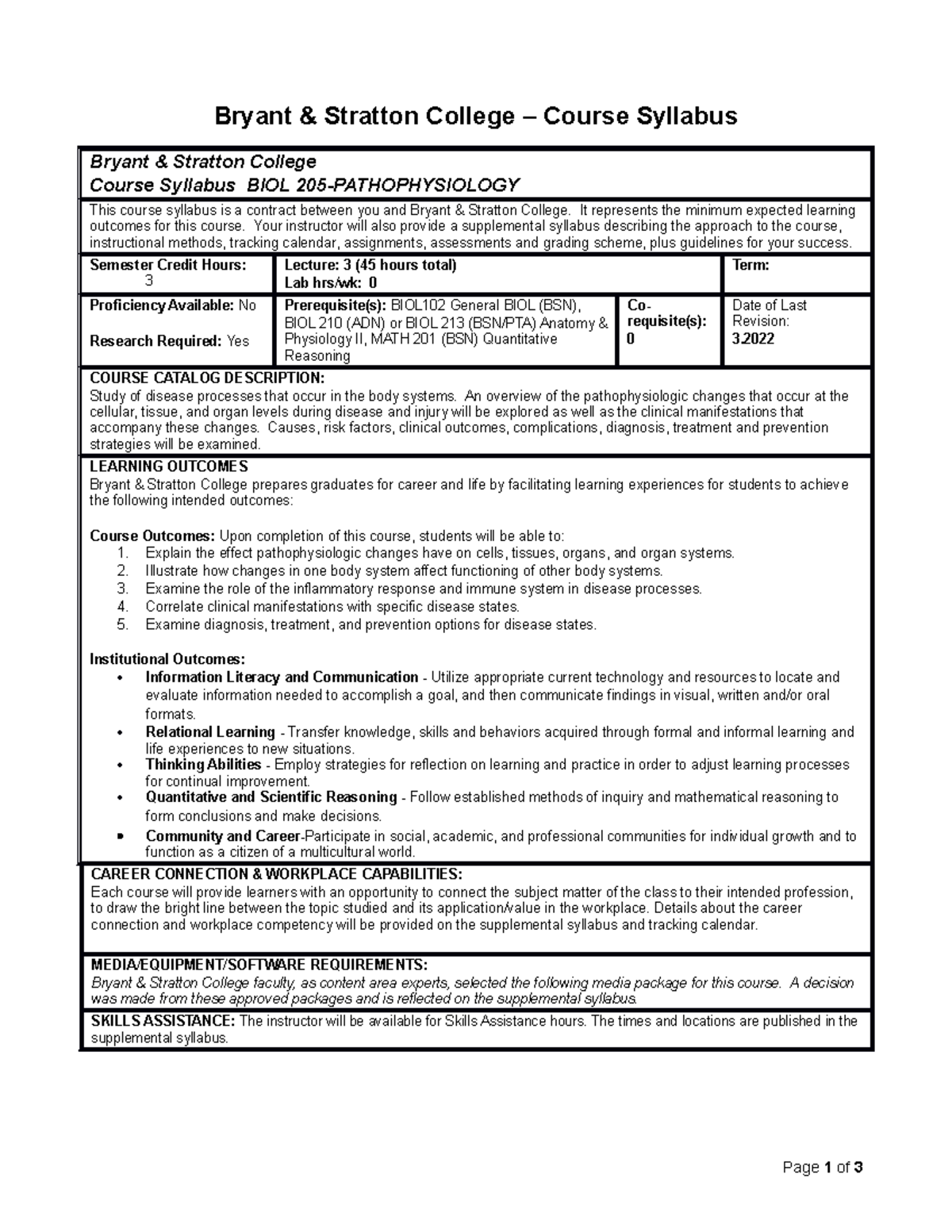 BIOL 205 Final Course Syllabus: Pathophysiology Overview - Studocu