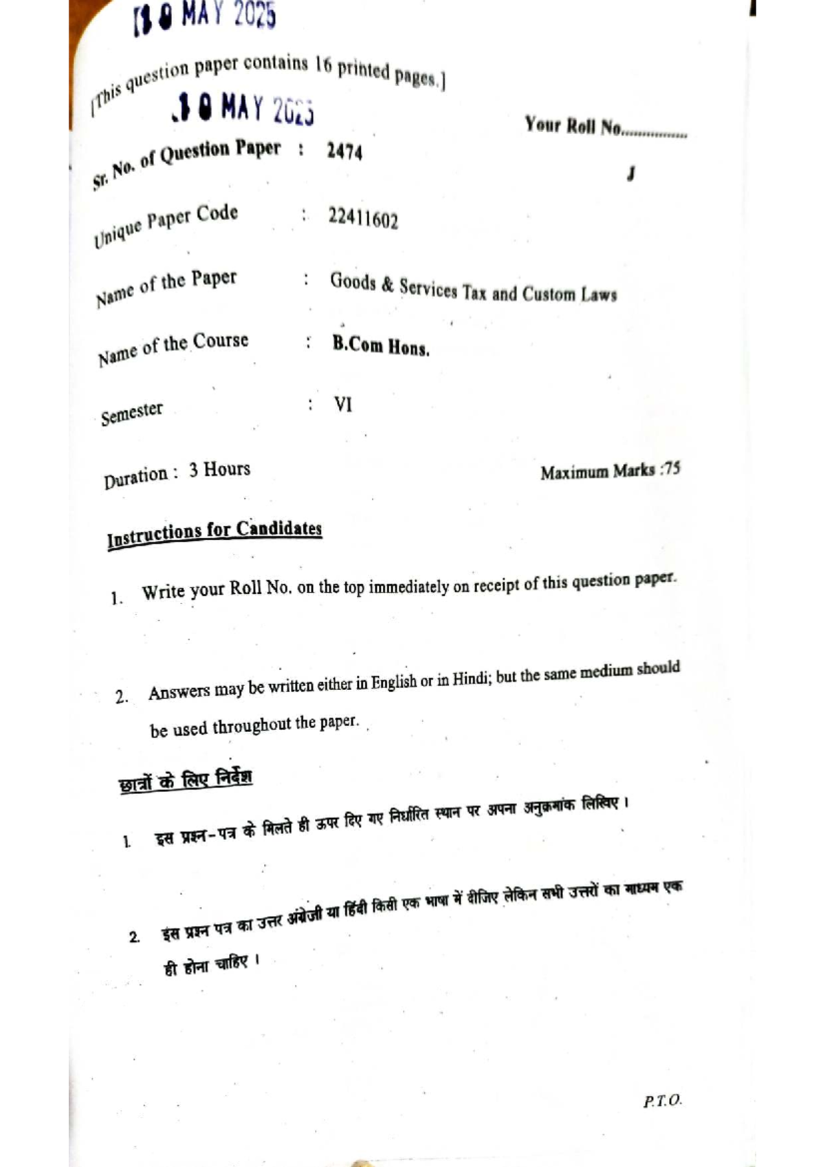 GST PYQ - Goods & Services Tax Paper for B.Com Hons. Sem VI - Studocu