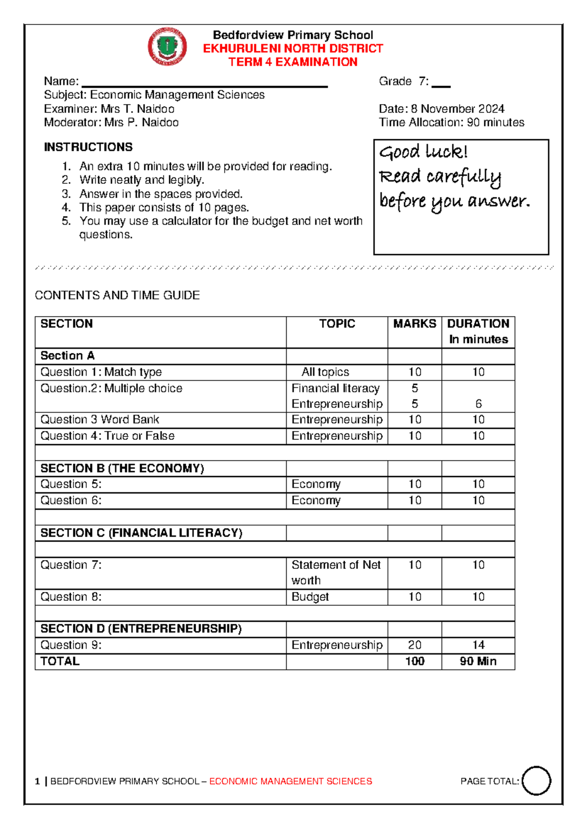 Grade 7 EMS Term 4 Exam - Bedfordview Primary School - Studocu