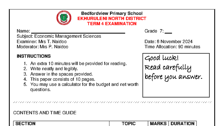 Grade 7 EMS Term 4 Exam - Bedfordview Primary School - Studocu