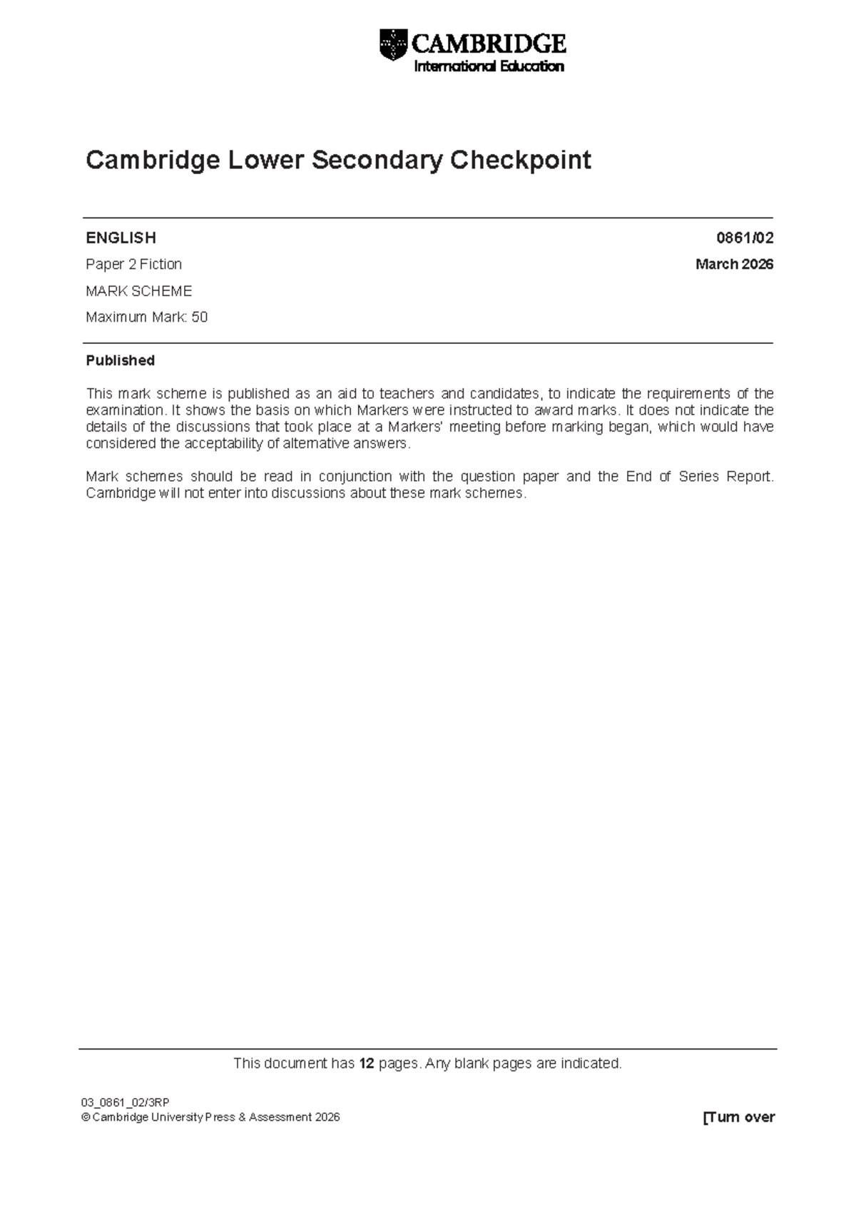 Cambridge Lower Secondary Checkpoint ENGLISH 0861 Paper 2 Mark Scheme March 2026 - Document Preview