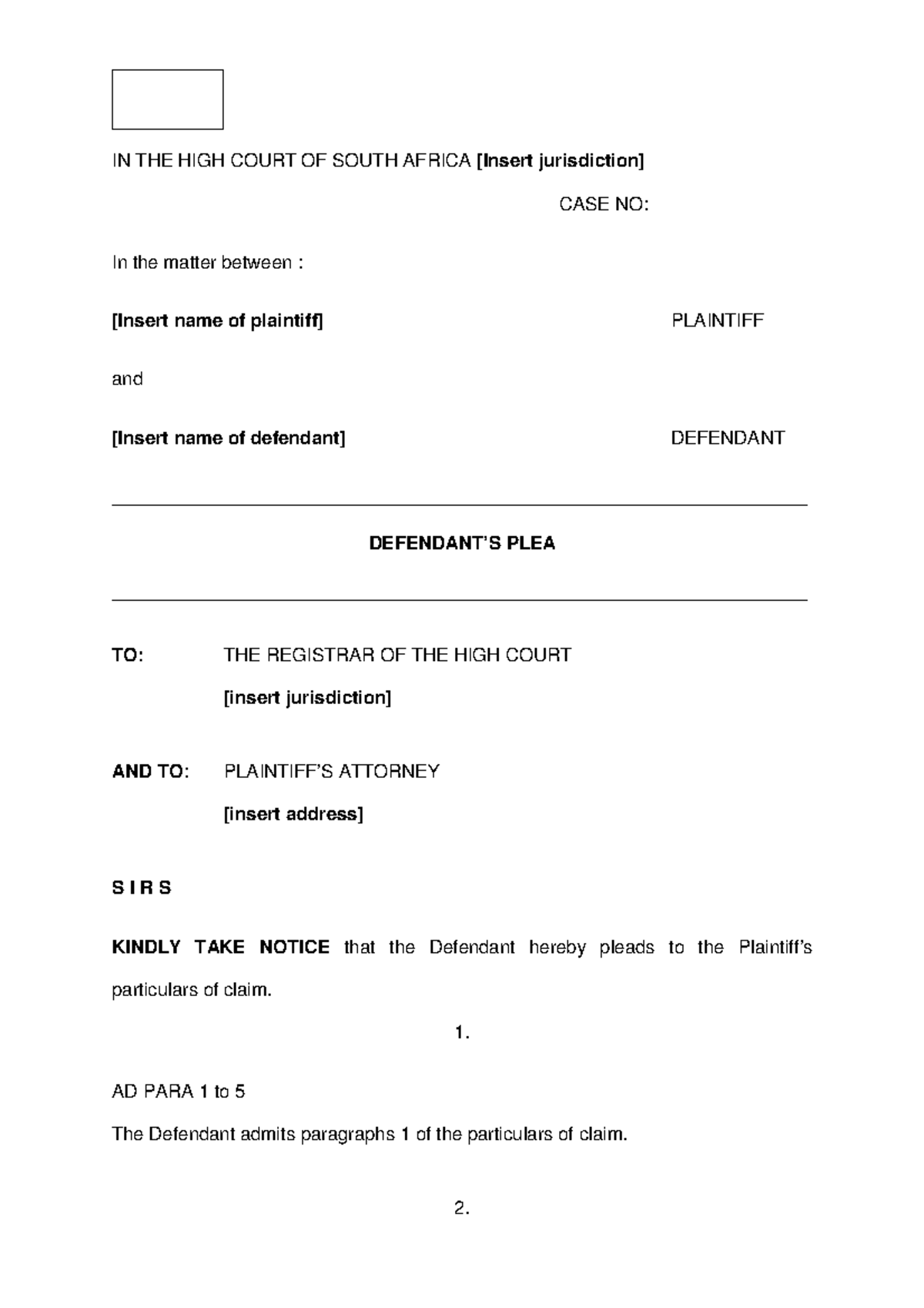 Defendant's Plea to Particulars of Claim - High Court Case No: [Insert ...