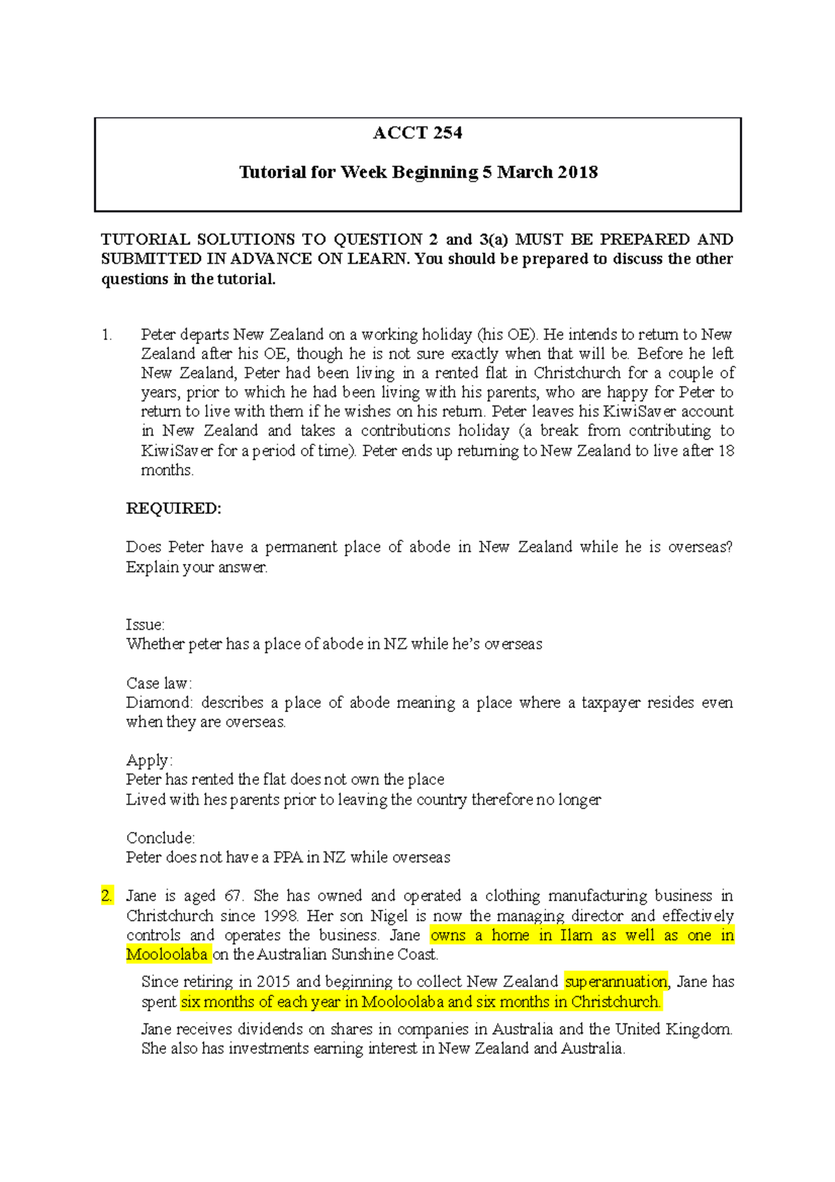 2 tutorial - ACCT 254 Tutorial for Week Beginning 5 March 2018 TUTORIAL ...