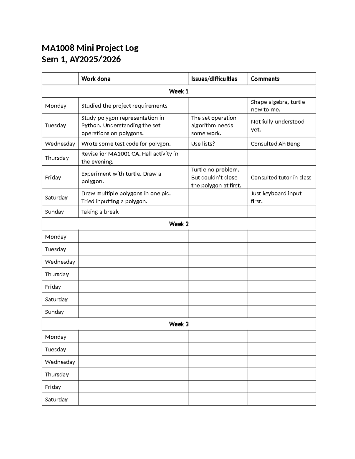 MA1008 Mini Project Log: Week 1 & 2 Progress Updates - Studocu