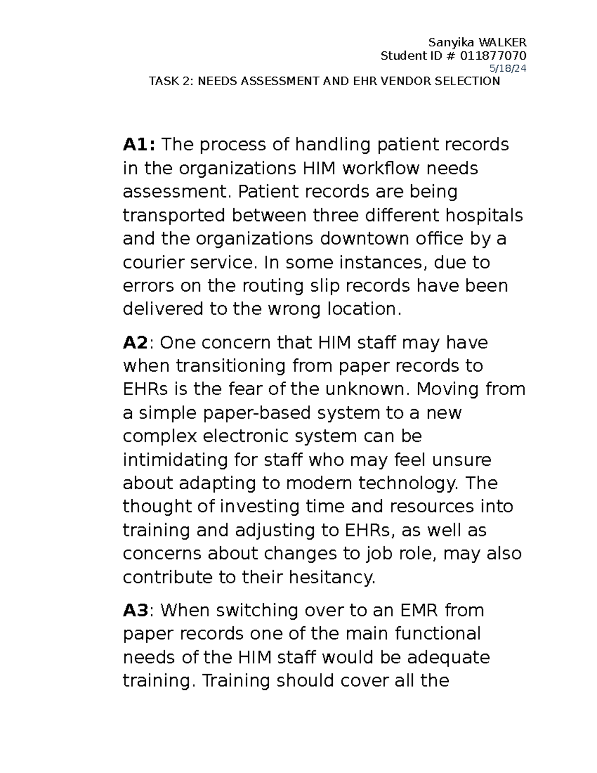 C802 Task 2: Needs Assessment & EHR Vendor Selection Analysis - Studocu