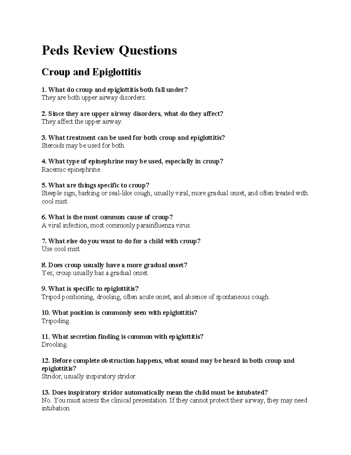 Peds Review Questions: Croup, Epiglottitis, and More - Studocu