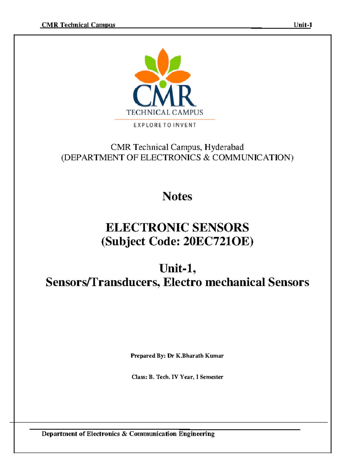 CMR Technical Campus 20EC721OE Notes on Electromechanical Sensors - Studocu