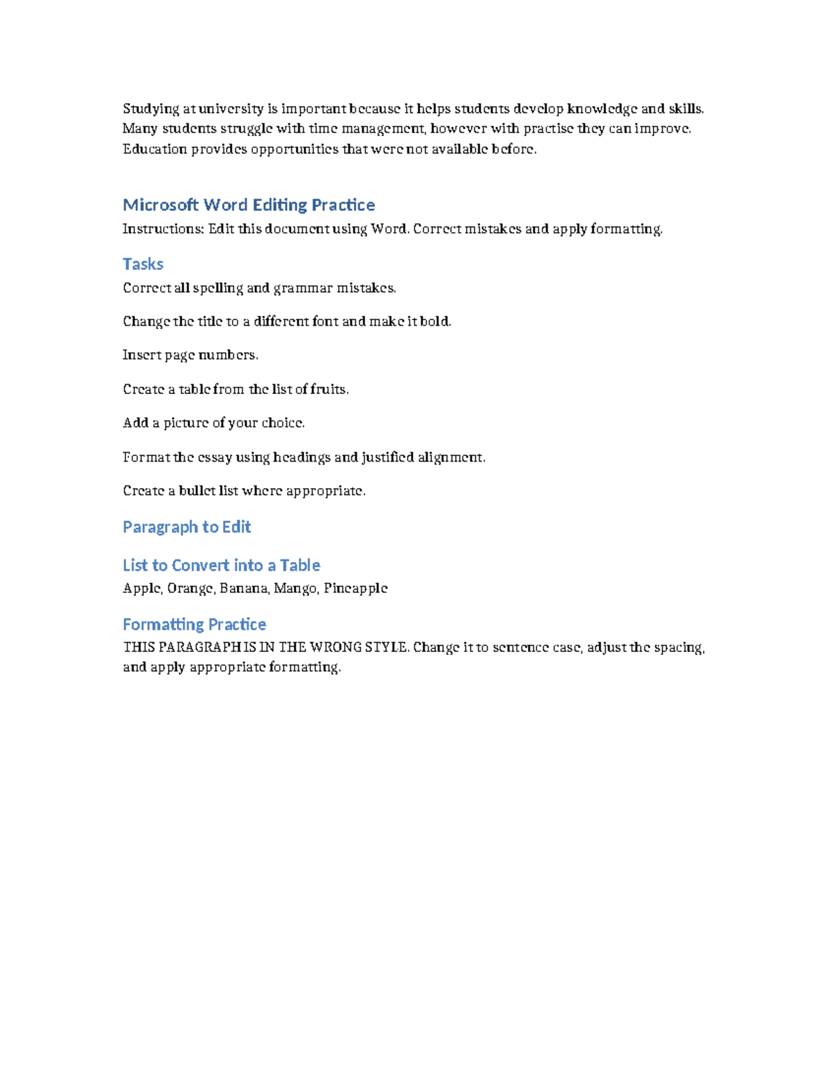 Word Editing Practice Instructions: Formatting & Corrections - Studocu