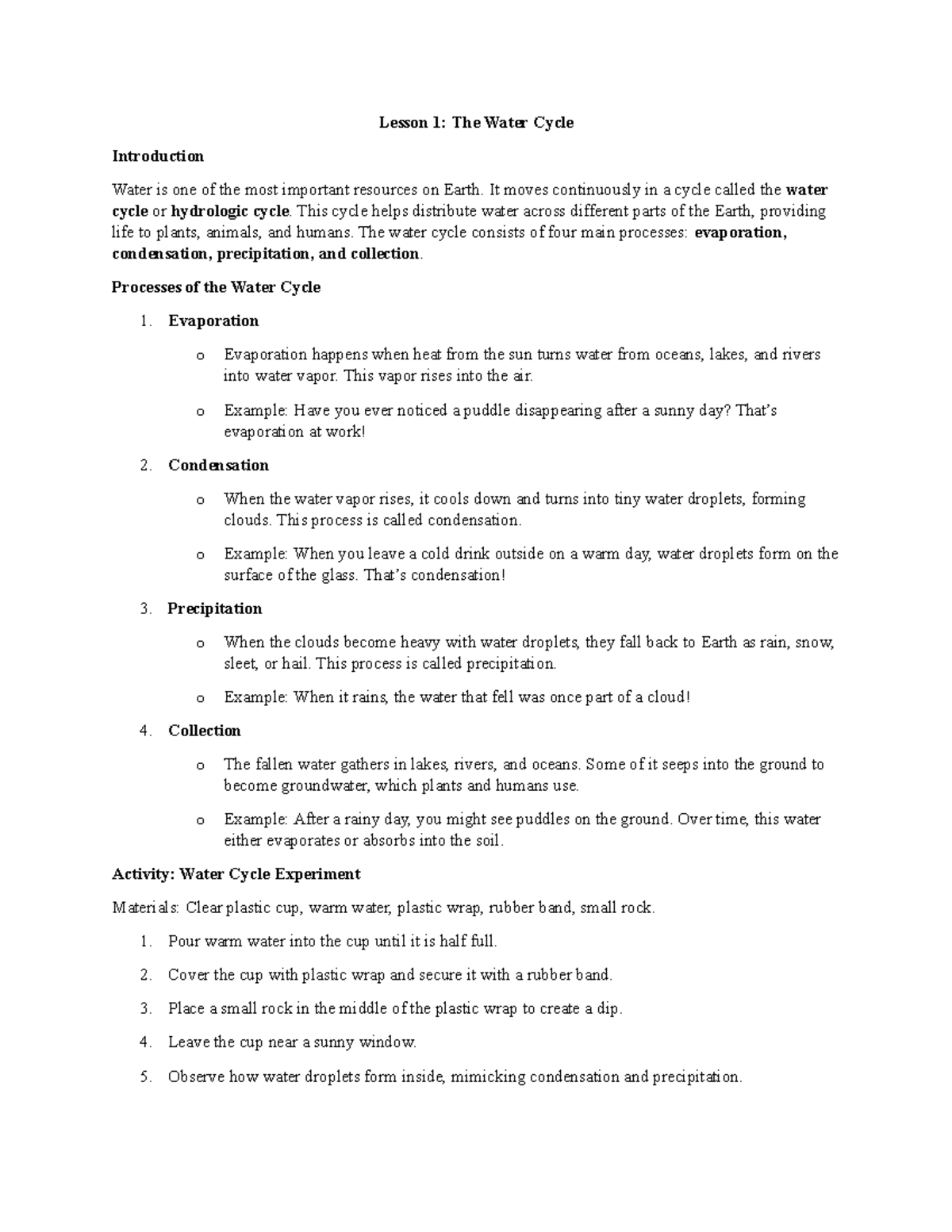 STDC Lesson 1: Understanding the Water Cycle Processes - Studocu